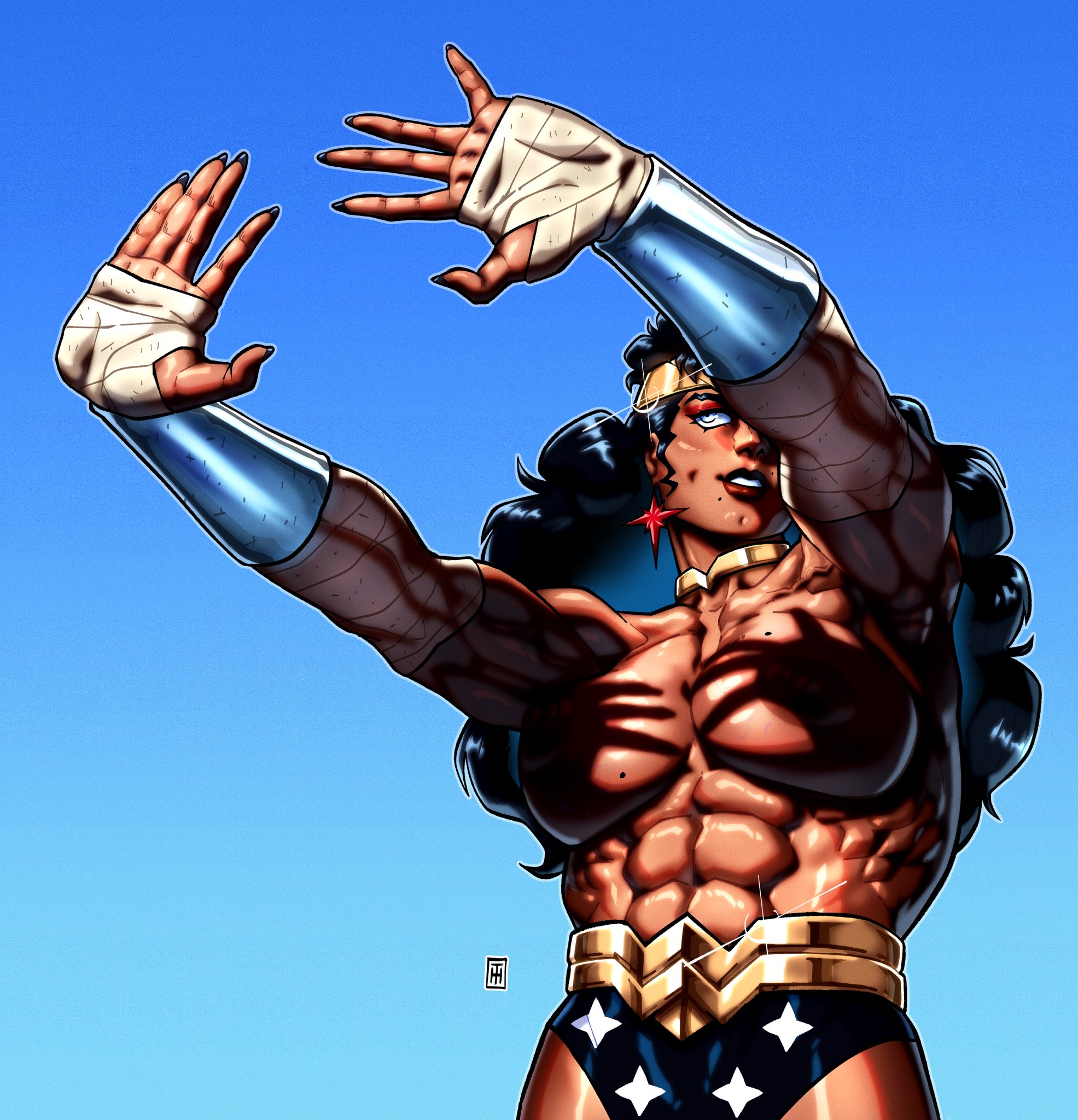 1girls, 2026, abs, amazon, athletic, athletic female, blue background, bracelets of submission, breasts, captainsmutty, dc, dc comics, diana of themyscira, female, female only, hands, hands casting shadow, mole, muscular, muscular female, oiled, oiled body, oiled skin, tan body, tan skin, tan skinned female, topless, topless female, wonder woman, wonder woman (series)