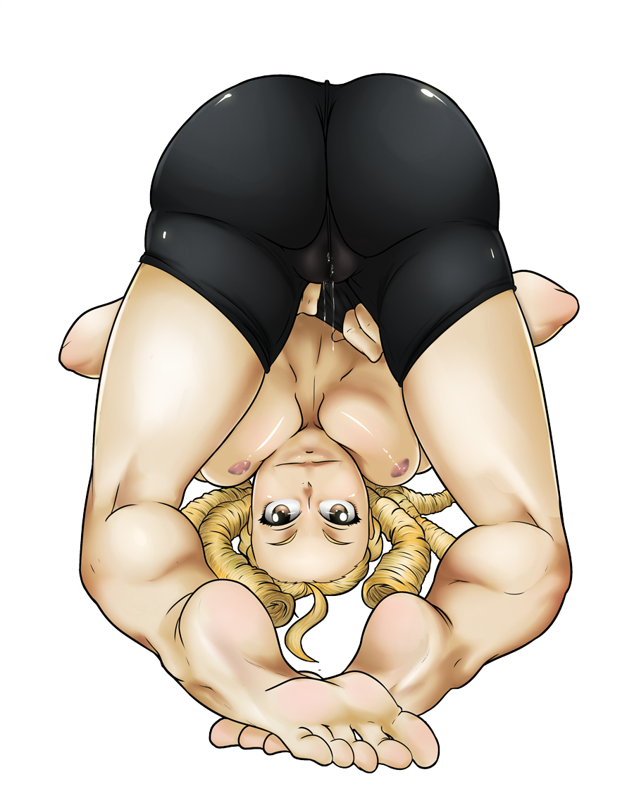 1girls, areola, ass, barefoot, bike shorts, blonde hair, breasts, brown eyes, cameltoe, capcom, female, female only, human, karin kanzuki, large breasts, looking at viewer, meteorreb0rn, pussy, pussy juice, pussy juice drip, simple background, smile, solo, street fighter, street fighter alpha, tied hair, top-down bottom-up, twintails
