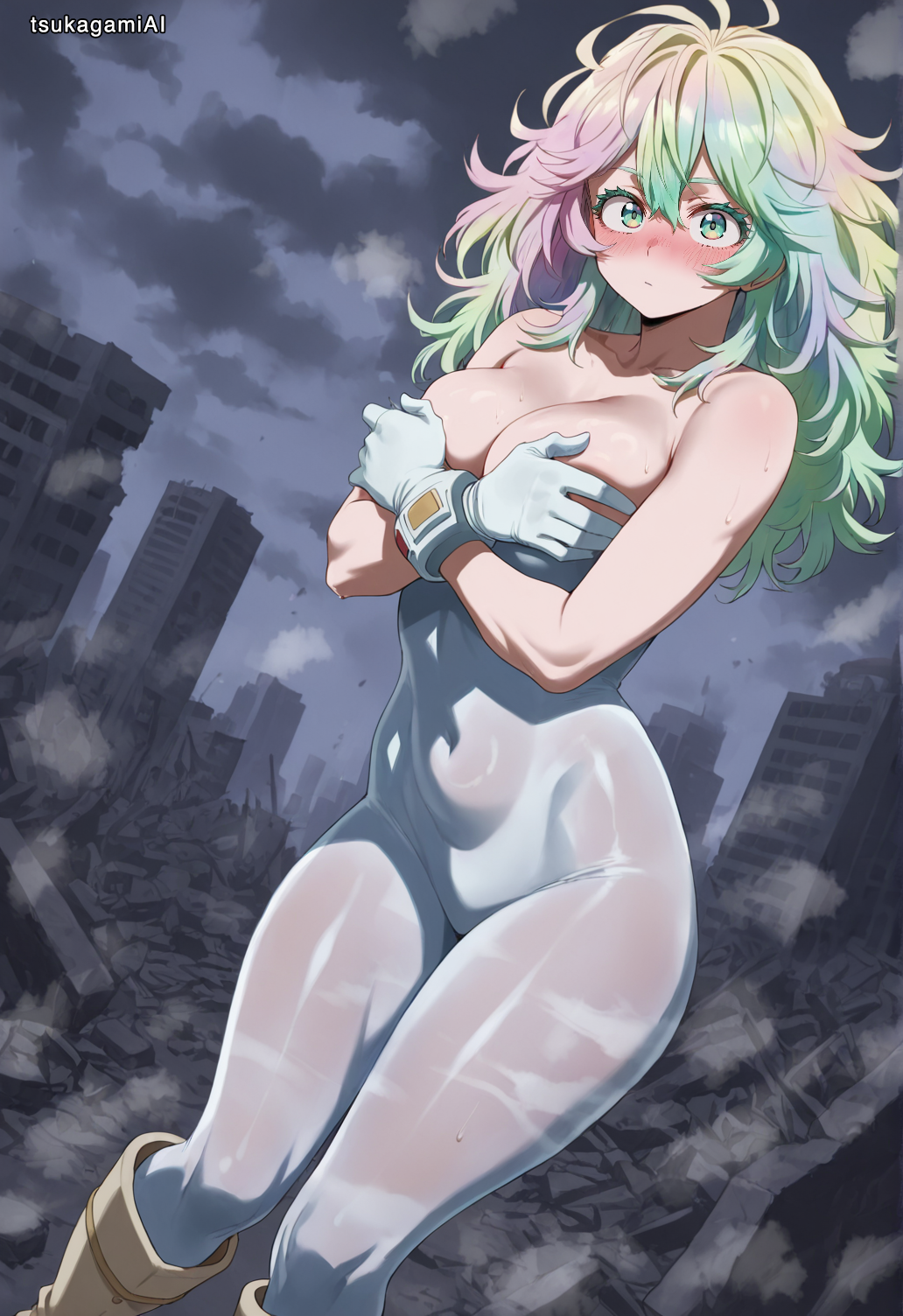 1girls, ai generated, blush, breasts, completely nude, covering, covering breasts, embarrassed, embarrassed nude female, exhibitionism, female, green hair, green-haired female, my hero academia, public, solo, tooru hagakure, tooru hagakure (visible)