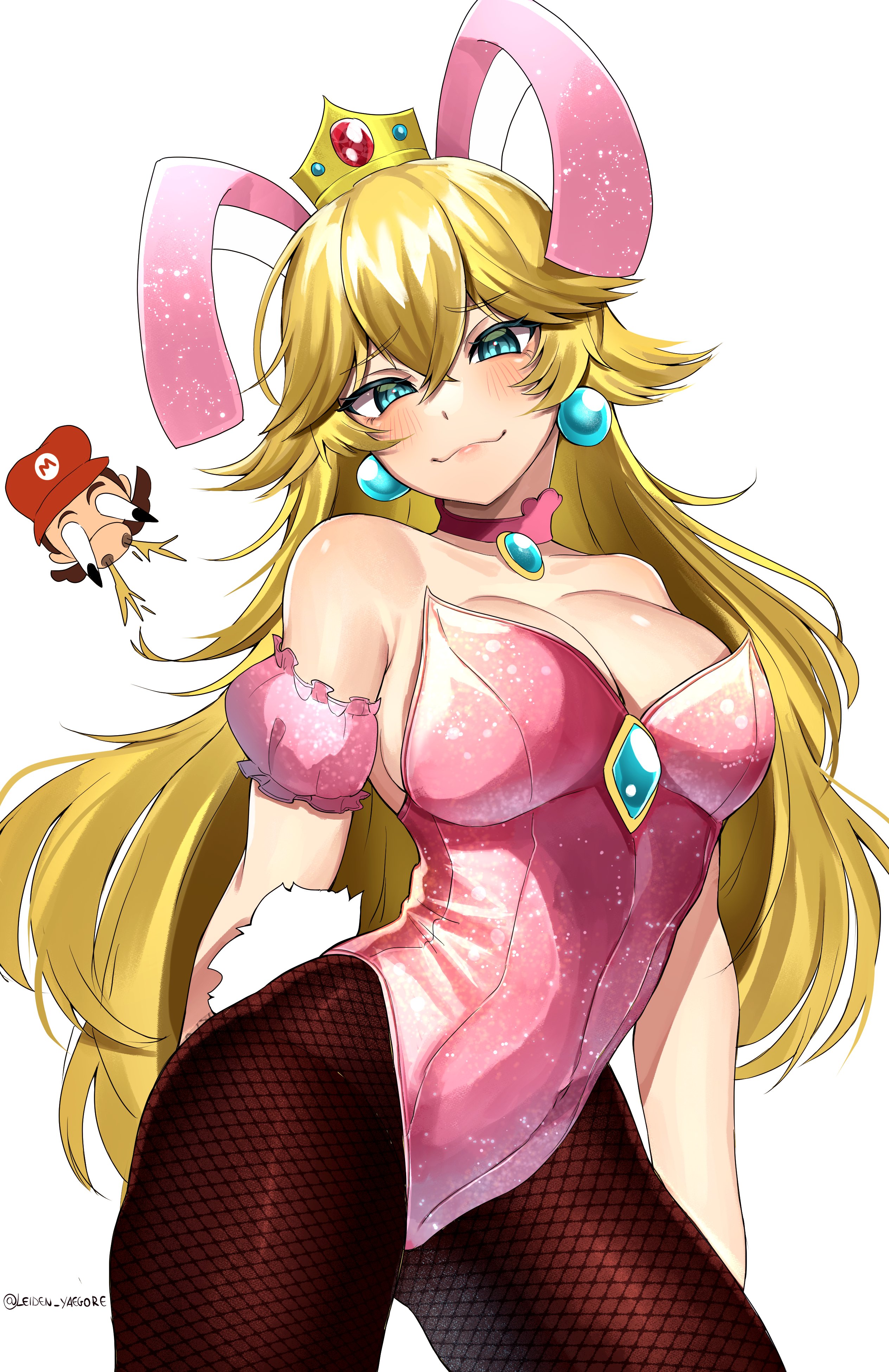 1boy, absurdres, animal ears, bare shoulders, black pantyhose, blonde hair, blue eyes, blue gemstone, blush, breasts, brooch, choker, closed mouth, commentary, cowboy shot, crossed bangs, crown, doodle inset, double-parted bangs, earrings, english commentary, fake animal ears, fake tail, female, fishnet pantyhose, fishnets, gem, hair between eyes, highres, jewelry, large breasts, leiden yaegore, leotard, long hair, looking at viewer, male, mario, mario (series), nintendo, pantyhose, pink choker, pink leotard, playboy bunny, princess peach, rabbit ears, rabbit tail, simple background, smile, solo focus, sphere earrings, strapless, strapless leotard, super mario bros., tail, white background