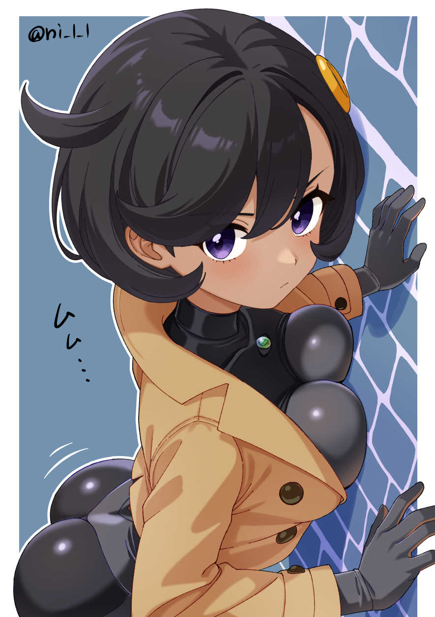 ass, black bodysuit, black hair, bodysuit, bodysuit under clothes, breast press, breasts, brown jacket, dark skin, dark-skinned female, emma (pokemon legends: z-a), emma (pokemon), female, frown, gloves, highres, jacket, looking at viewer, matiere (pokemon legends: z-a), matiere (pokemon), medium breasts, ni l l, nintendo, pokemon, pokemon legends: z-a, purple eyes, short black hair, short hair, solo
