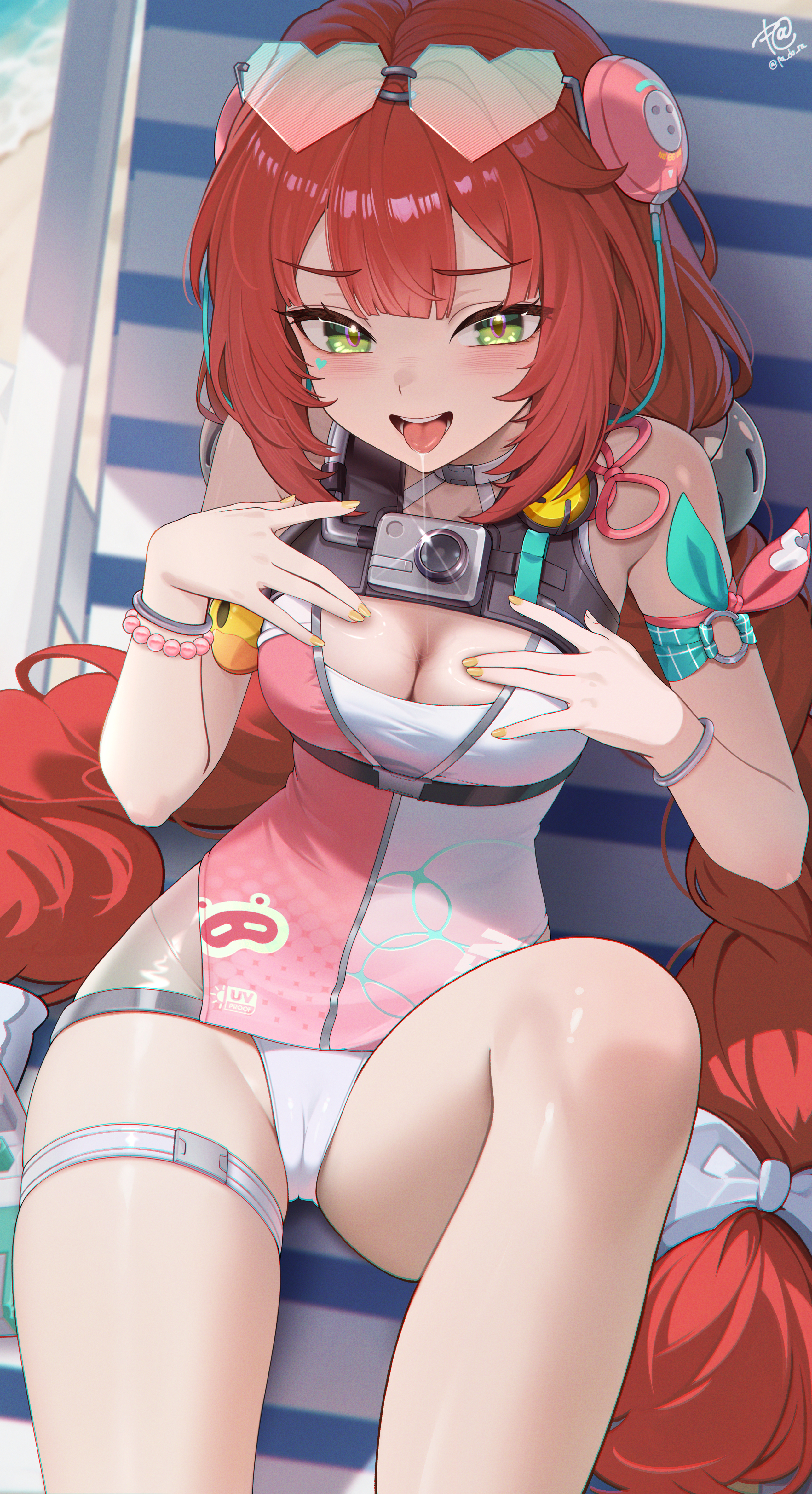 1girls, absurdres, artist name, beach, beach chair, blush, bracelet, braid, breasts, cameltoe, chair, cleavage, eyewear on head, facial mark, female, glint, green eyes, hahany, hair ornament, hands on own chest, heart, heart facial mark, heart-shaped eyewear, highres, jewelry, looking at viewer, low twin braids, medium breasts, o-ring arm strap, official alternate costume, on chair, one-piece swimsuit, open mouth, red hair, signature, sitting, skindentation, solo, sphere hair ornament, sunglasses, swimsuit, thigh strap, tongue, tongue out, twin braids, ukinami yuzuha, ukinami yuzuha (tanuki in broad daylight), yellow nails, zenless zone zero