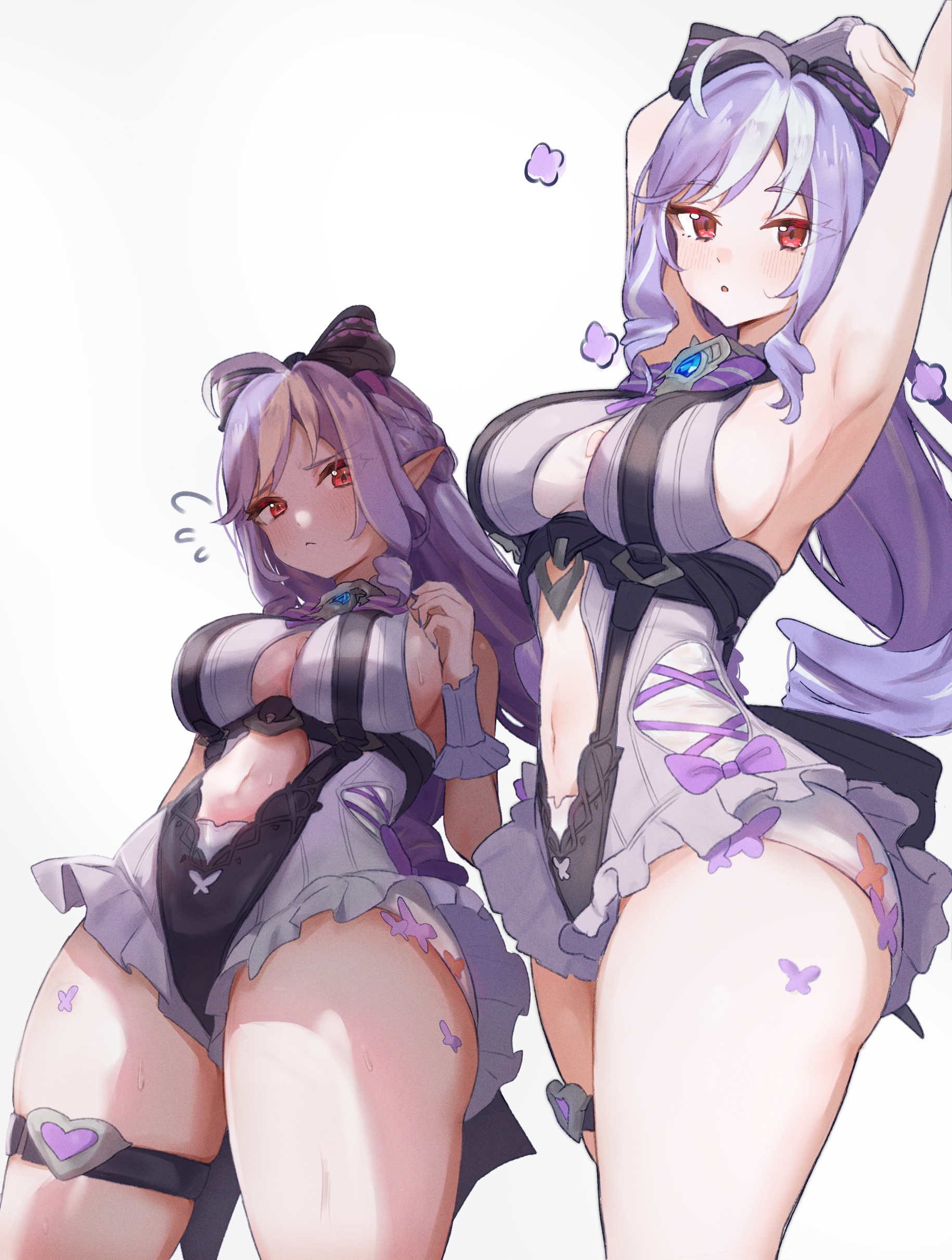 1girls, 7neet, absurdres, ahoge, armpits, arms up, bow, breasts, cleavage, clothing cutout, female, frilled one-piece swimsuit, frills, hairbow, heart, heart o-ring, highres, looking at viewer, medium breasts, mole, mole under eye, multicolored hair, navel, o-ring, o-ring thigh strap, official alternate costume, one-piece swimsuit, open mouth, pointy ears, purple bow, purple hair, red eyes, solo, stomach cutout, streaked hair, swimsuit, thigh strap, vivian (zenless zone zero), vivian banshee, vivian banshee (iris of the shore), white background, white hair, white one-piece swimsuit, zenless zone zero