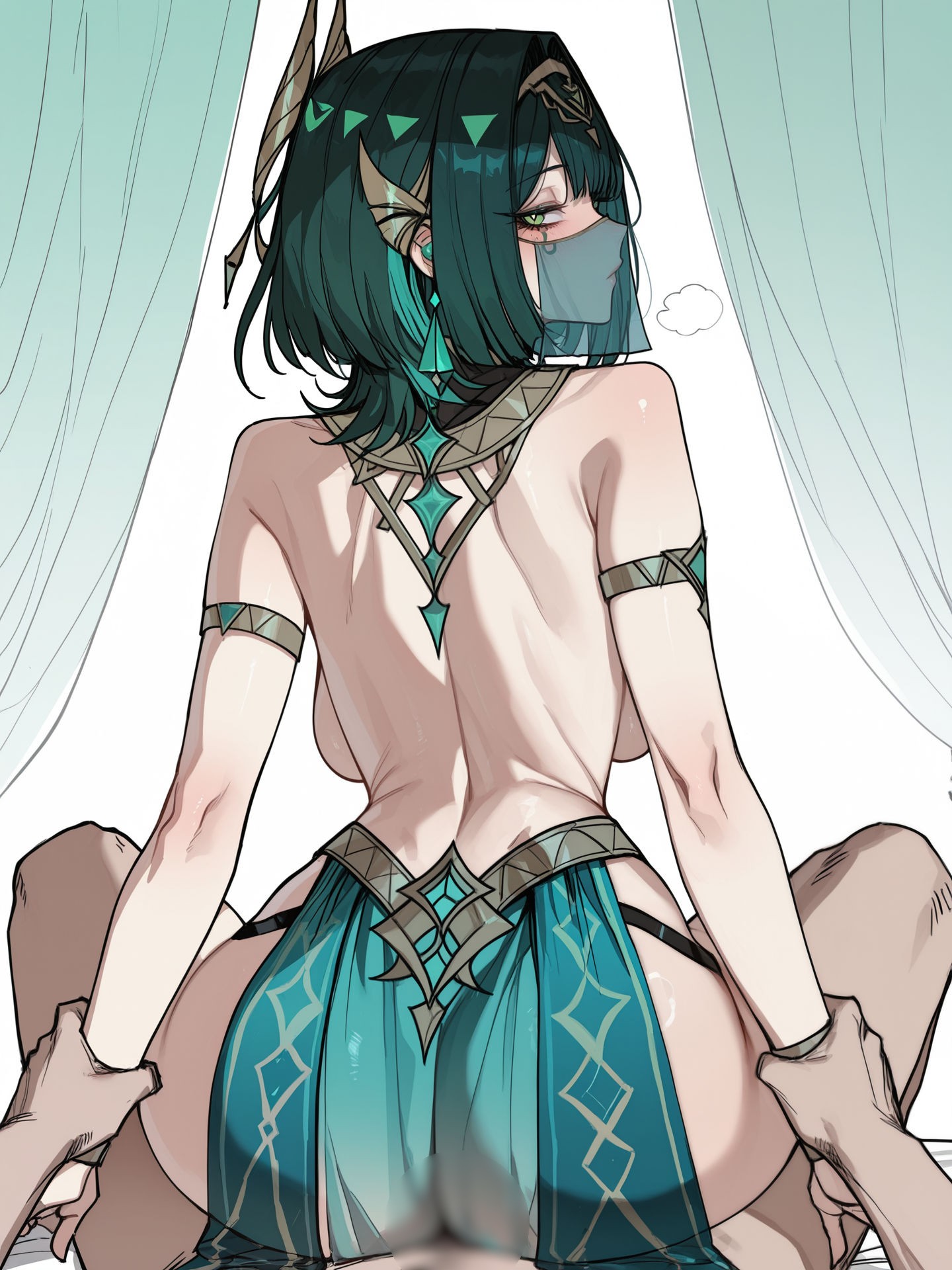 1boy, 1girls, ai, ai art, ai generated, arabian clothes, ass, back, big ass, big breasts, breasts, censored, duo, female, from behind, genshin impact, grabbing, grabbing another's arm, harem outfit, heavy breathing, huge ass, light-skinned female, male, nefer, riahri, sex