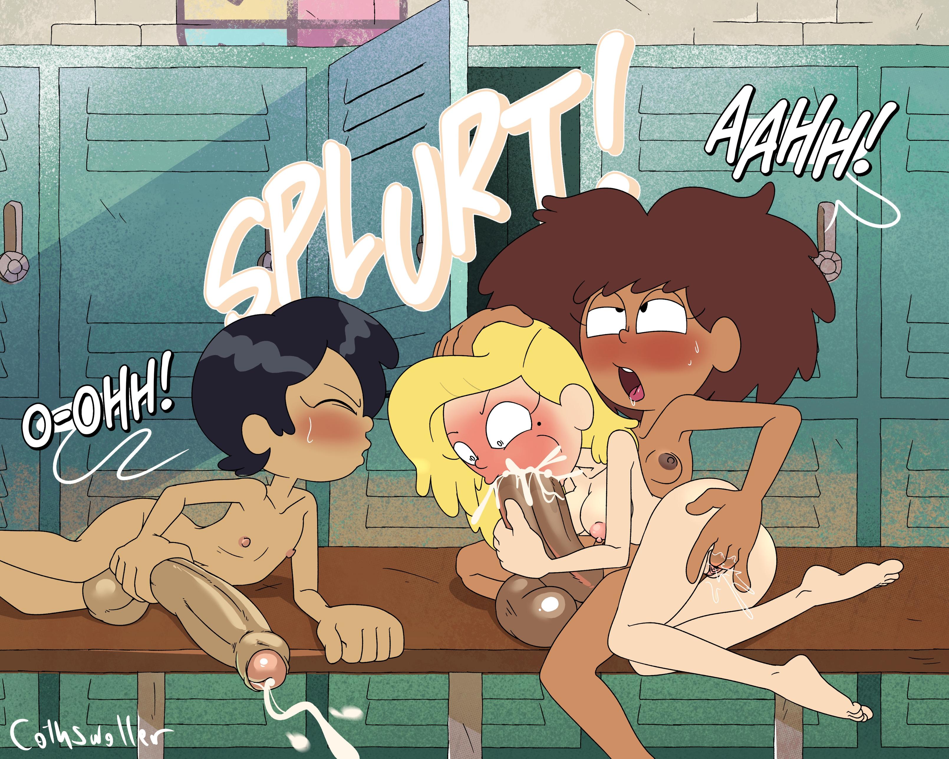 1girls, 2d, 2futas, ahe gao, amphibia, amphibia (series), anne boonchuy, balls, barefoot, blonde female, blonde hair, blush, blushing at partner, blushing futa, completely nude, completely nude female, cothswoller, cum, cum in mouth, cumming from oral, cumming together, cumshot, dark skin, detailed feet, disney, disney channel, disney xd, erection, feet, female, fingering, fingering partner, fingering pussy, flat chest, flat chested, futa on female, futa with female, futanari, group, hand on head, huge cock, human, intersex, locker bench, locker room, marcy wu, masturbation, moaning, nipples, nude female, orgasm, orgasm face, penis, pubic hair, sasha waybright, sex, smile, smiling, smiling at partner, smooth balls, smooth penis, soles, soles female, sound effects, sucking, sucking penis, toes, voyeur
