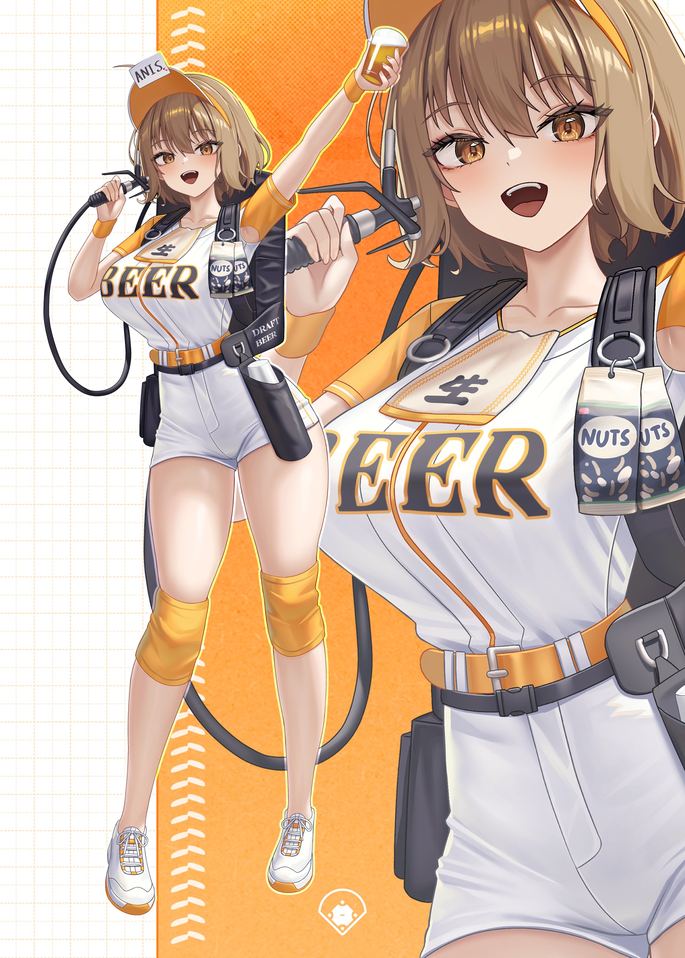 1girls, anis (nikke), baseball uniform, beer, big breasts, breasts, brown hair, cap, female, goddess of victory: nikke, gold eyes, grappling hook, large breasts, medium hair, nuts, open mouth, open smile, shorts, solo, subob (subobdesu)