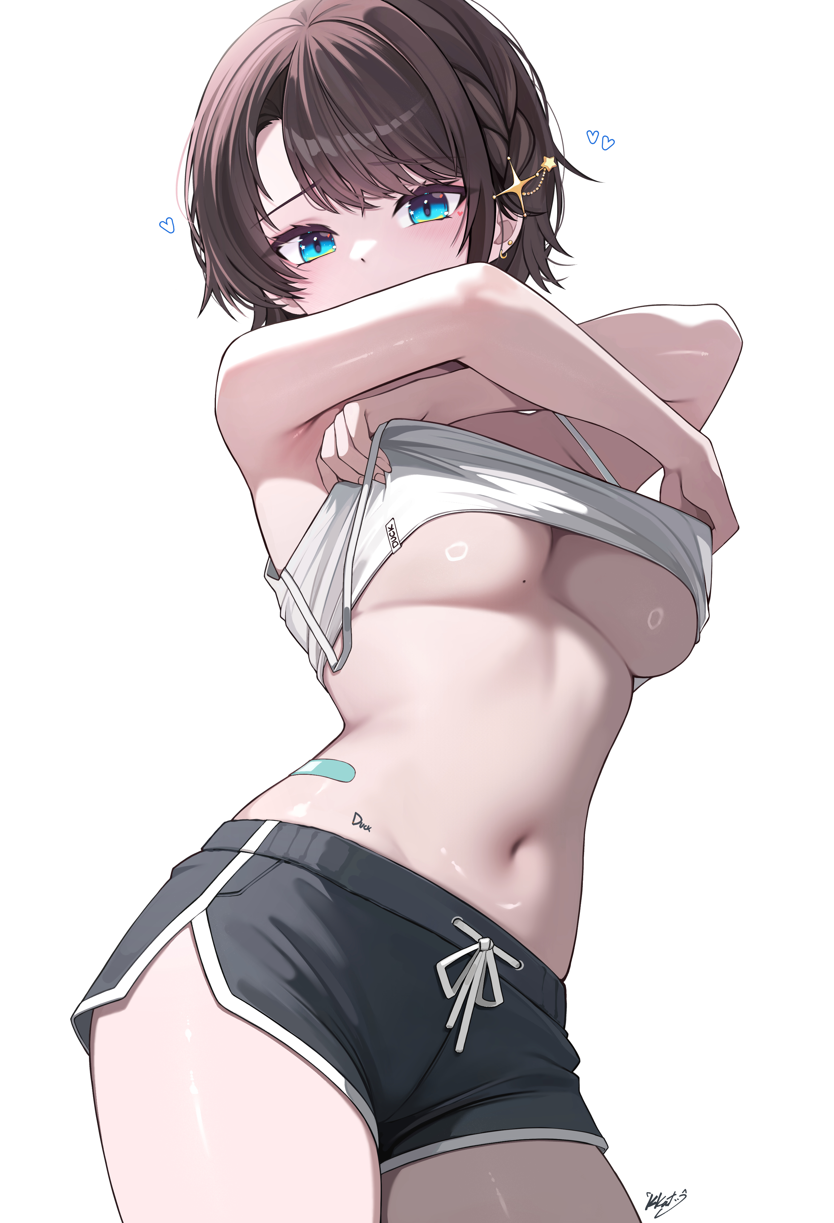 absurdres, aqua eyes, bandaid on hip, bare arms, black shorts, breasts, brown hair, camisole, camisole lift, clothes lift, commentary, dolphin shorts, female, highres, hololive, hololive gen 2, hololive japan, kkato, looking at viewer, navel, oozora subaru, short hair, short shorts, shorts, simple background, solo, stomach, strap slip, swept bangs, underboob, virtual youtuber, white background, white camisole