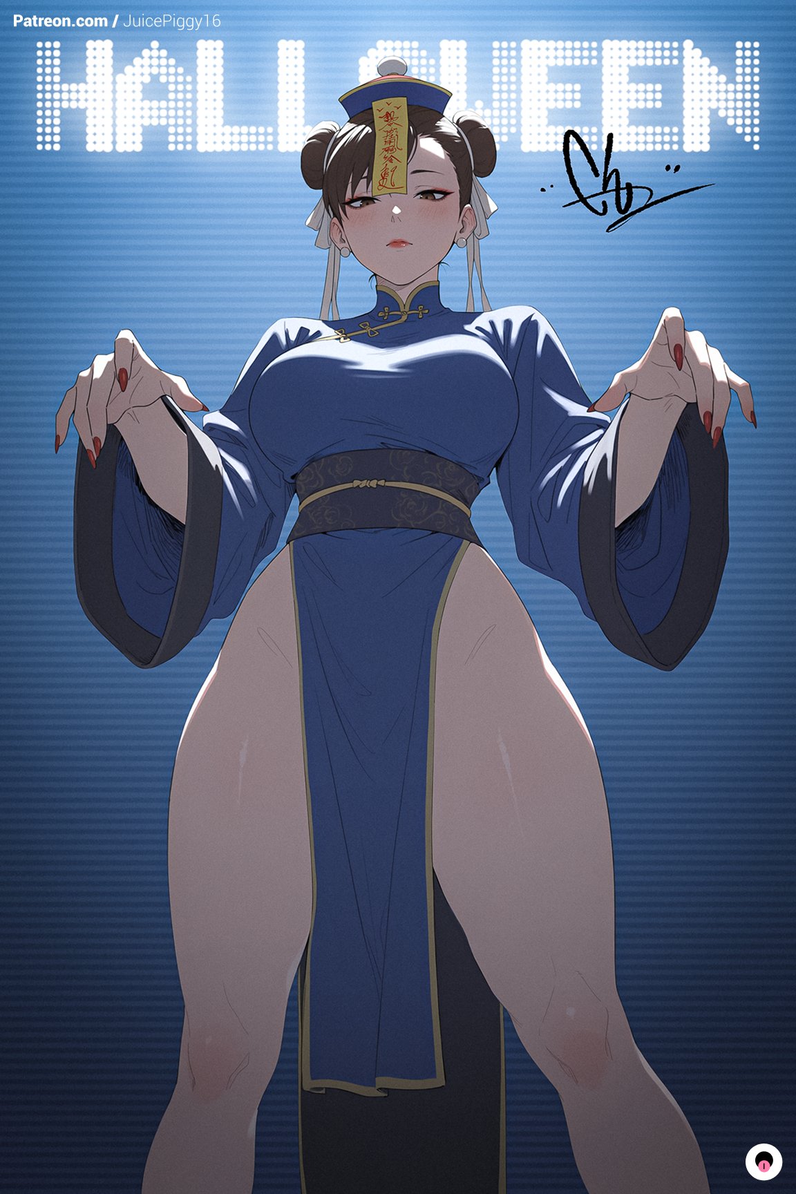 1girls, ai generated, brown hair, chun-li, female, hair bun, jiangshi costume, juicepiggy16, street fighter