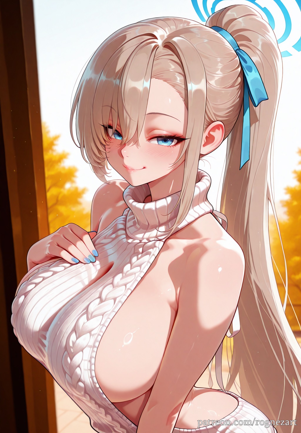 2025, ai generated, alternate costume, anime, asuna (blue archive), backless outfit, bangs, bare shoulders, blue archive, blue eyes, blue nails, blue ribbon, blush, breasts, cleavage, crossover, eye contact, female, female focus, female only, flushed, hair over one eye, hair ribbon, halo, hand on own chest, highres, huge breasts, large breasts, light brown hair, long hair, looking at viewer, meme attire, nail polish, patreon, ponytail, ribbon, rognezart, sideboob, smile, smiling, solo, sweater, turtleneck, turtleneck sweater, upper body, very long hair, virgin killer sweater, white sweater
