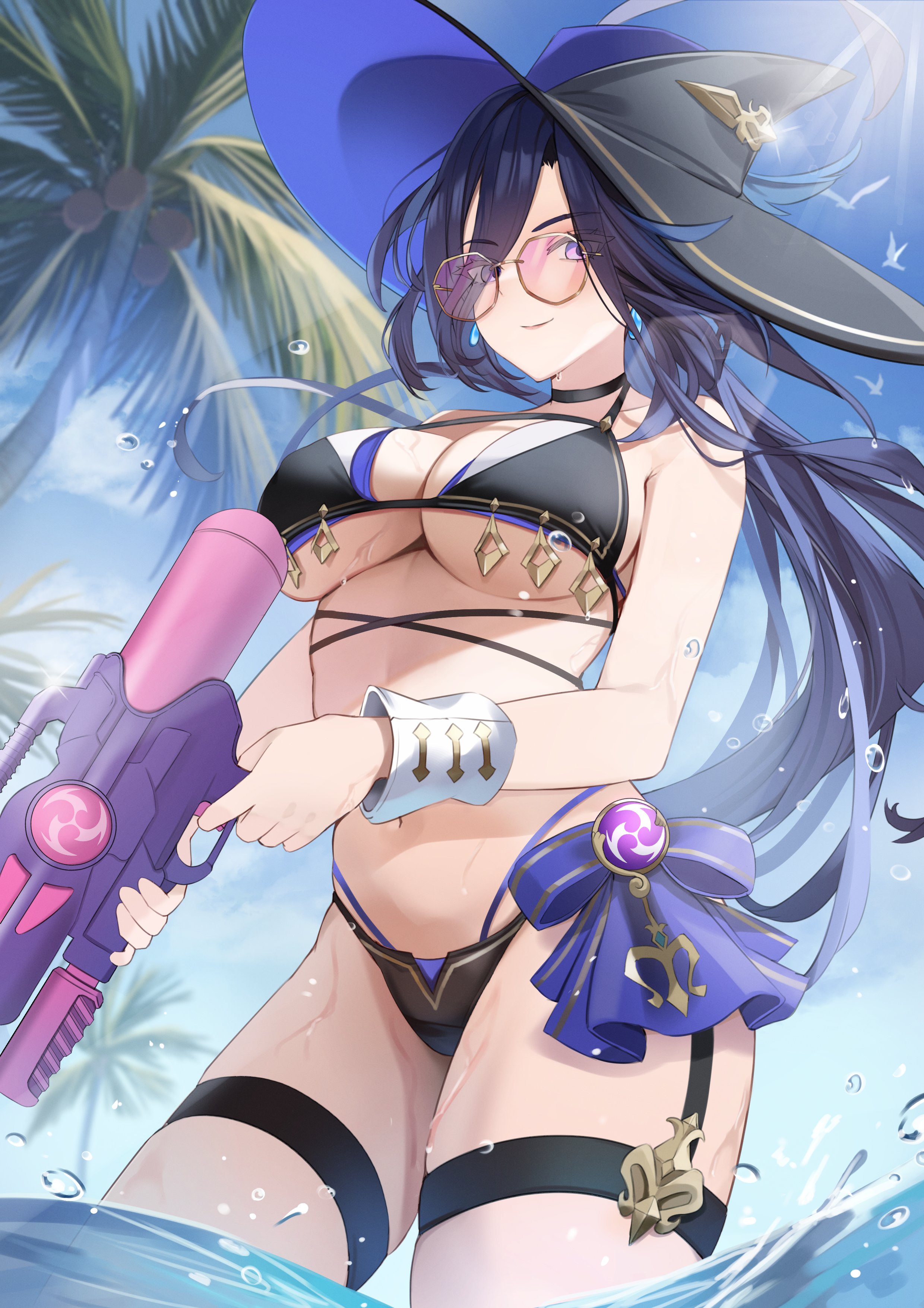 absurdres, alternate costume, bikini, black bikini, black choker, black hat, blue sky, breasts, choker, clorinde (genshin impact), closed mouth, cowboy shot, day, earrings, female, from below, genshin impact, hair over one eye, hat, highres, holding, holding water gun, jewelry, large breasts, long hair, looking at viewer, navel, palm tree, purple eyes, purple hair, purple-tinted eyewear, sky, smile, solo, stomach, sun hat, sunlight, swimsuit, thigh strap, tinted eyewear, tree, vision (genshin impact), wading, water gun, wet, wrist cuffs, yutoriko (candy0905)