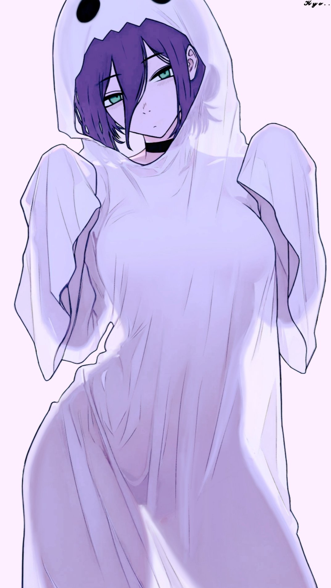 1girls, chainsaw man, choker, cosplay, curvy body, curvy figure, cute, female, female focus, ghost costume, ghost girl, green eyes, hshhs20679, purple hair, reze (chainsaw man), see-through, simple background, solo female