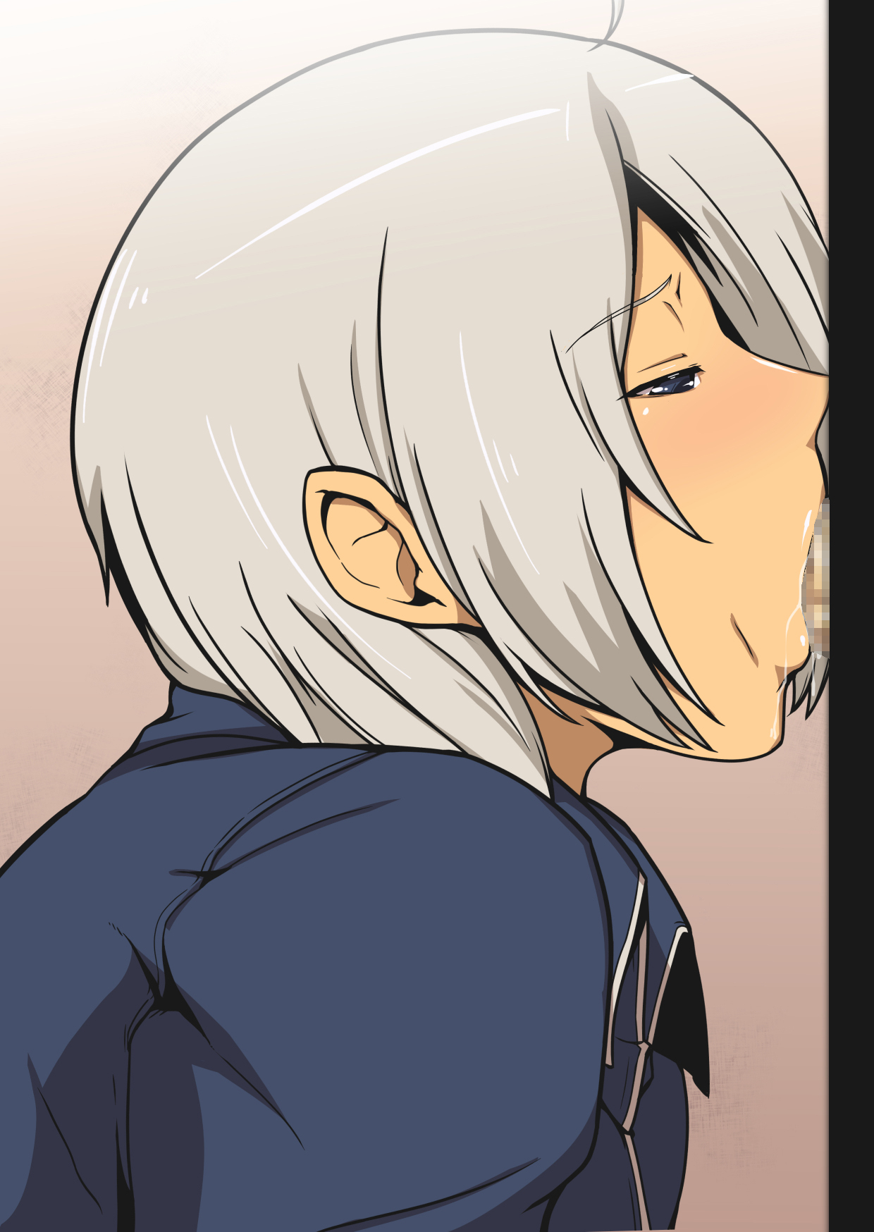 angel (kof), black eyes, blush, censored, deepthroat, ear, face, fellatio, female, glory hole, grey hair, gureko rouman, highres, human, jacket, king of fighters, male, oral, penis, short hair, simple background, straight