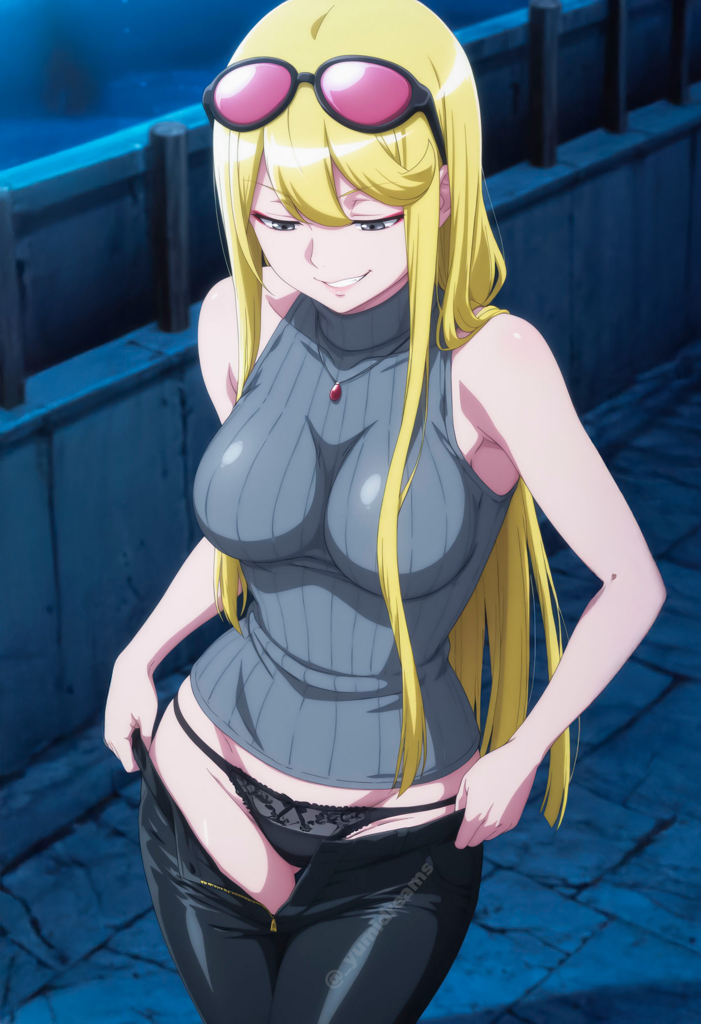  yumidreams, ai generated, bandai, bangs, bare shoulders, black panties, blonde female, blonde hair, breasts, clothed female, digimon, digimon story, digimon story: cyber sleuth, female, glasses on head, high resolution, kuremi kyoko, kuremi kyouko, kyoko kuremi, kyouko kuremi, lace lingerie, lace panties, lace trim, lace-trimmed panties, lacy panties, long hair, looking down, medium breasts, night, outdoors, panties peek, pants down, ribbed shirt, ribbed sweater, smirk, smirking, tight clothes, tight clothing, undressing, undressing self, unzipped, unzipped pants, very long hair