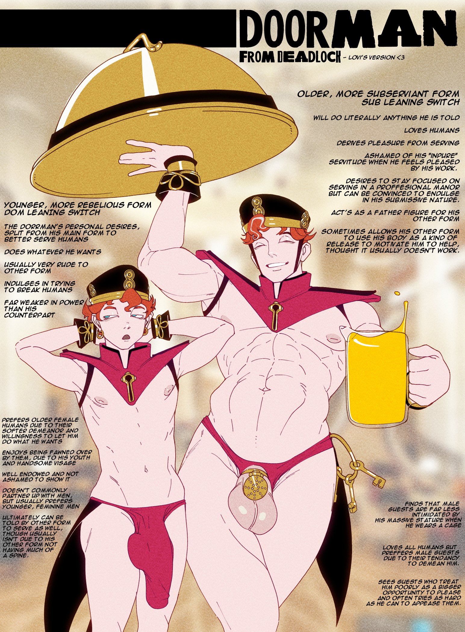 2025, 2boys, abs, alternate body type, armpits, arms up, balls, balls in panties, biceps, big penis, big penis in chastity, big sub, blue eyes, bracelet, bracelets, brat, bratty, cape, carrying, character bio, character description, chastity cage, chastity device, closed eyes, covered penis, deadlock, dominant, dominant male, doorman (deadlock), ear piercing, ear ring, earrings, femboy, flat chastity cage, gay, ginger, ginger hair, grin, hands behind head, hat, holding jug, holding object, holding tray, hung, hung femboy, hung trap, jug, key, keys, light skin, light-skinned female, light-skinned femboy, lovettica, male, male only, muscles, muscular, muscular arms, muscular male, muscular thighs, orange hair, panties, penis, penis bulge, penis in panties, pierced ears, piercing, piercings, red panties, servant, servants, shoulder pads, six pack, small but hung, small dom, small dom big sub, small top, smile, submissive, submissive male, topless, twink, valve, valve (company), variant, waist, waist cape