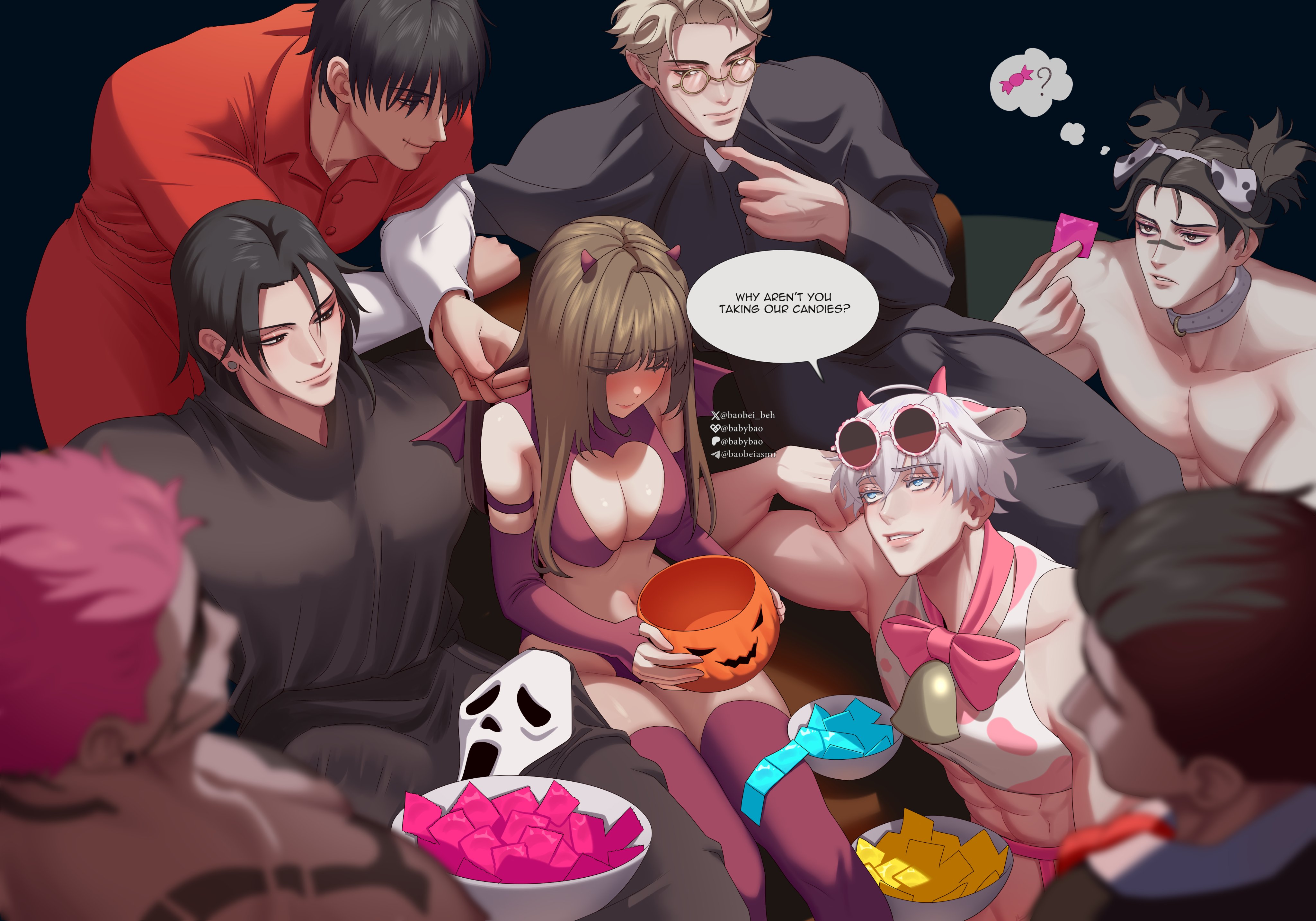 1girls, 2024, 7boys, artist name, baobei beh, black background, black hair, blonde hair, bowl, brown hair, choso kamo, clothed, clothes, clothing, collar, color, colored, condom, condom wrapper, cow ears, cow horns, cow print bikini, cowbell, devil horns, devil tail, digital drawing (artwork), digital media (artwork), dog ears, earrings, english, english text, female, female human, halloween, halloween costume, halloween pumpkin, halloween theme, hiromi higuruma, human, jujutsu kaisen, kento nanami, light skin, light-skinned male, long hair, male, male focus, multiple boys, multiple males, pink hair, priest, pumpkin, revealing clothes, ryoumen sukuna (jujutsu kaisen), satoru gojo, self insert, short hair, simple background, solo female, speech bubble, suguru geto, sunglasses, sunglasses on head, tattoo, toji fushiguro, tribal markings, white hair, y/n