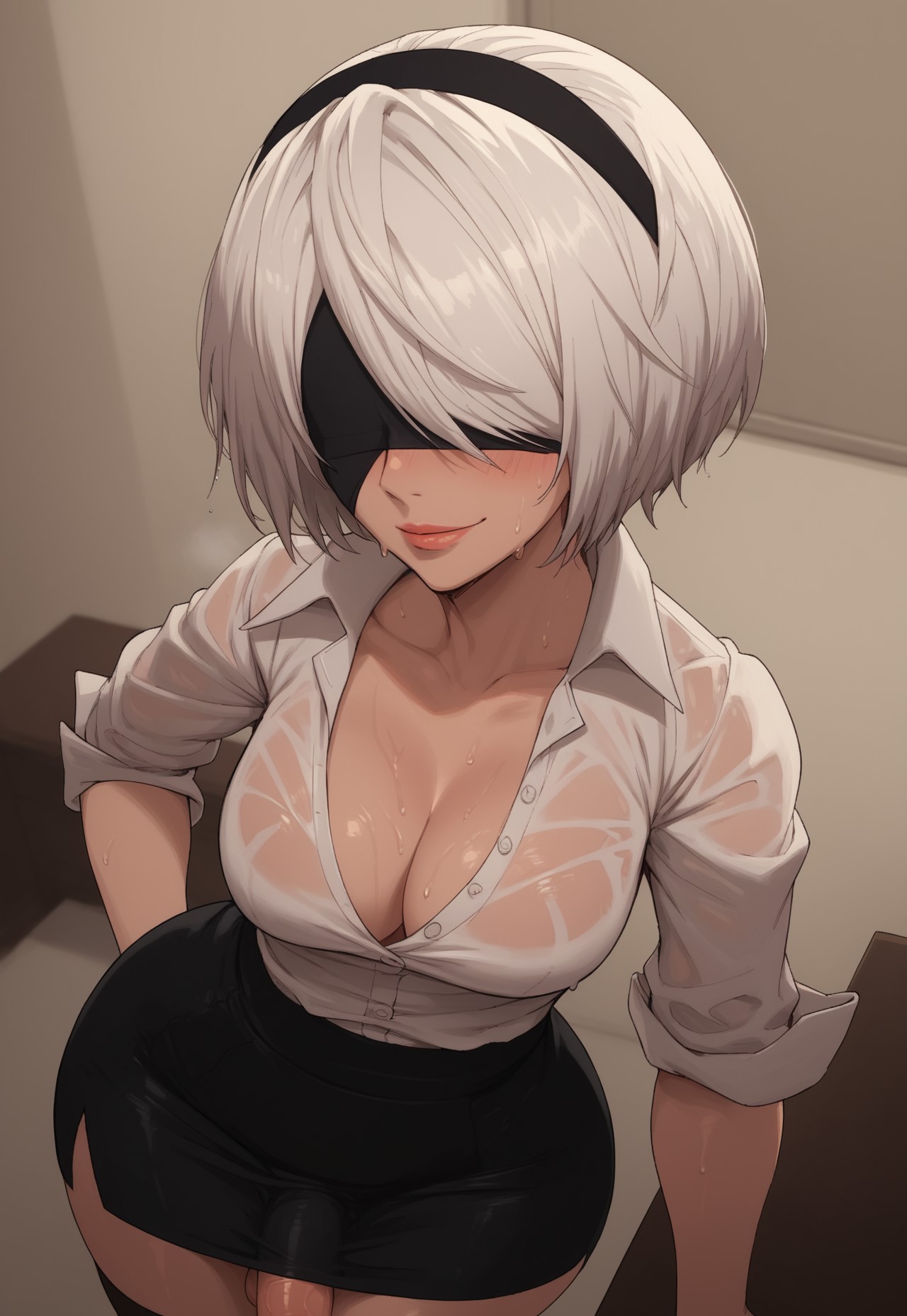 1futa, ai generated, ass, balls, big ass, big breasts, big butt, big hips, big penis, black dress, blindfold, breasts, cleavage, clothed, clothing, dick, dickgirl, dress, eyebrows, eyelashes, from below, futa only, futanari, gloves, grin, grinning, grinning at viewer, hands on hips, hands-free, huge cock, indoors, intersex, lips, lipstick, long hair, looking at viewer, makeup, medium hair, naked, narrow waist, narrowed eyes, nier, nier (series), nier: automata, nose, penis, pov, seducing, seductive, seductive eyes, seductive gaze, seductive look, seductive mouth, seductive pose, seductive smile, short hair, smile, smile at viewer, smiley face, smooth balls, smooth penis, smooth skin, solo, solo dickgirl, solo focus, solo futa, taker pov, testicles, velonix, white hair, yorha 2b