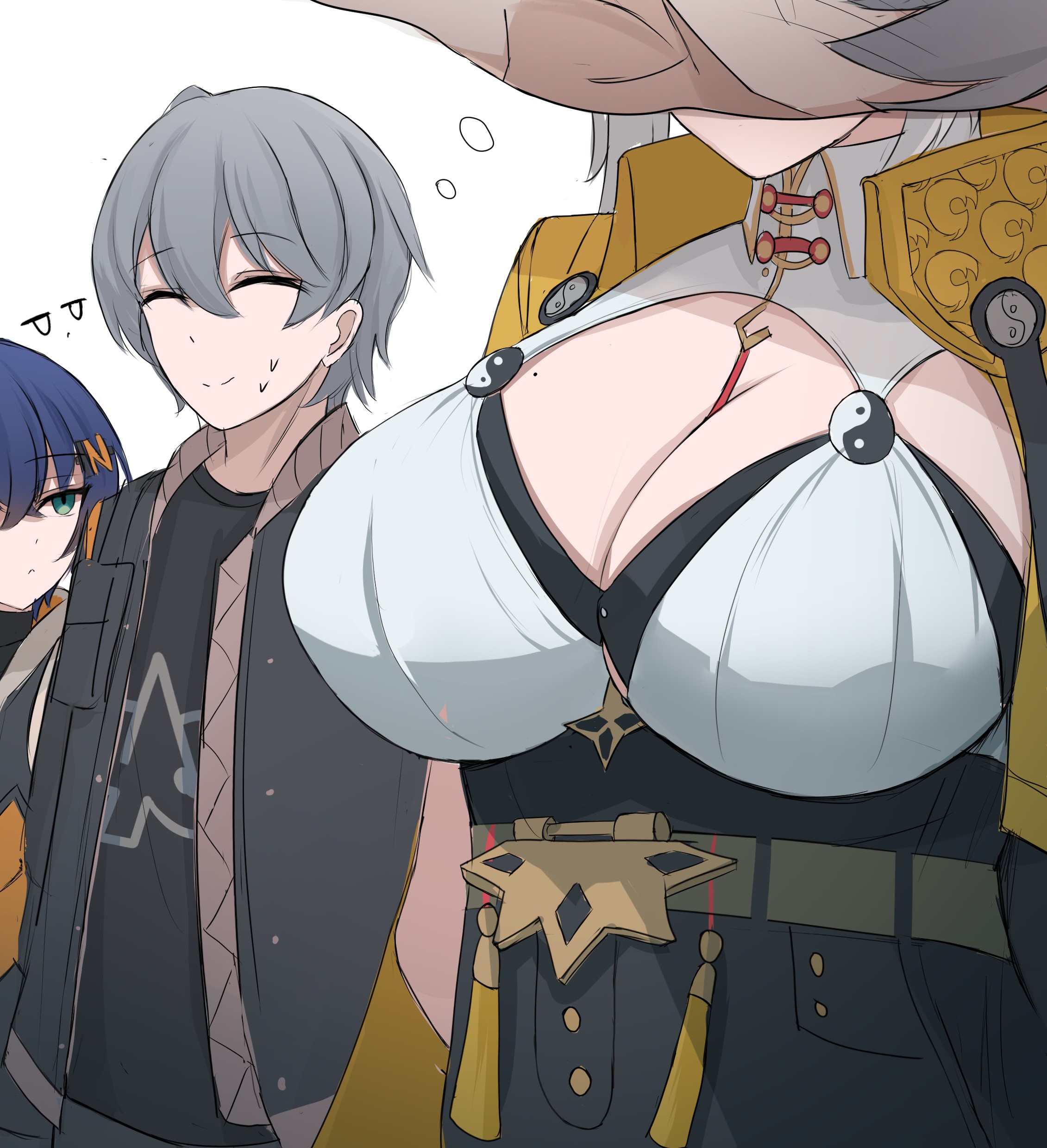 1boy, 2girls, absurdres, belle (zenless zone zero), breast focus, breasts, brother and sister, closed eyes, distracted boyfriend (meme), female, girl staring at guy's chest (meme), grey hair, highres, jealous, jealous female, large breasts, male, mole, mole on chest, multiple females, multiple girls, namikare, paid reward available, siblings, smile, teacher and student, wise (zenless zone zero), yin yang pin, yixuan (zenless zone zero), zenless zone zero