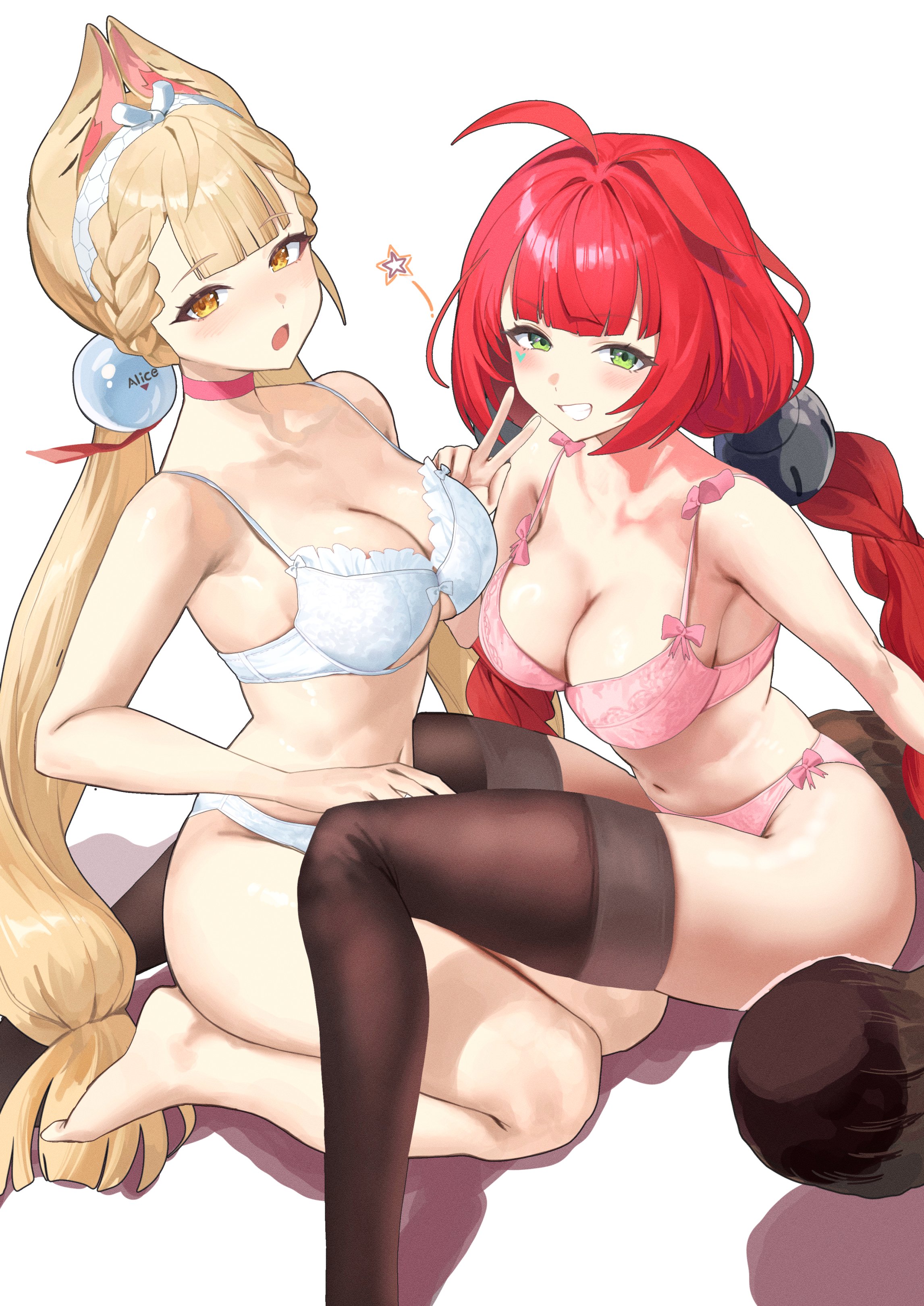2girls, absurdres, ahoge, alice thymefield, blonde hair, bra, braid, breasts, brown thighhighs, choker, cleavage, clenched teeth, commentary, english commentary, female, green eyes, hair ornament, highres, large breasts, long hair, looking at viewer, low twintails, multiple females, multiple girls, navel, open mouth, panties, pink bra, pink choker, pink panties, red hair, salmon88, simple background, sitting, smile, sphere hair ornament, teeth, thighhighs, twin braids, twintails, ukinami yuzuha, underwear, underwear only, v, white background, white bra, white panties, yellow eyes, zenless zone zero