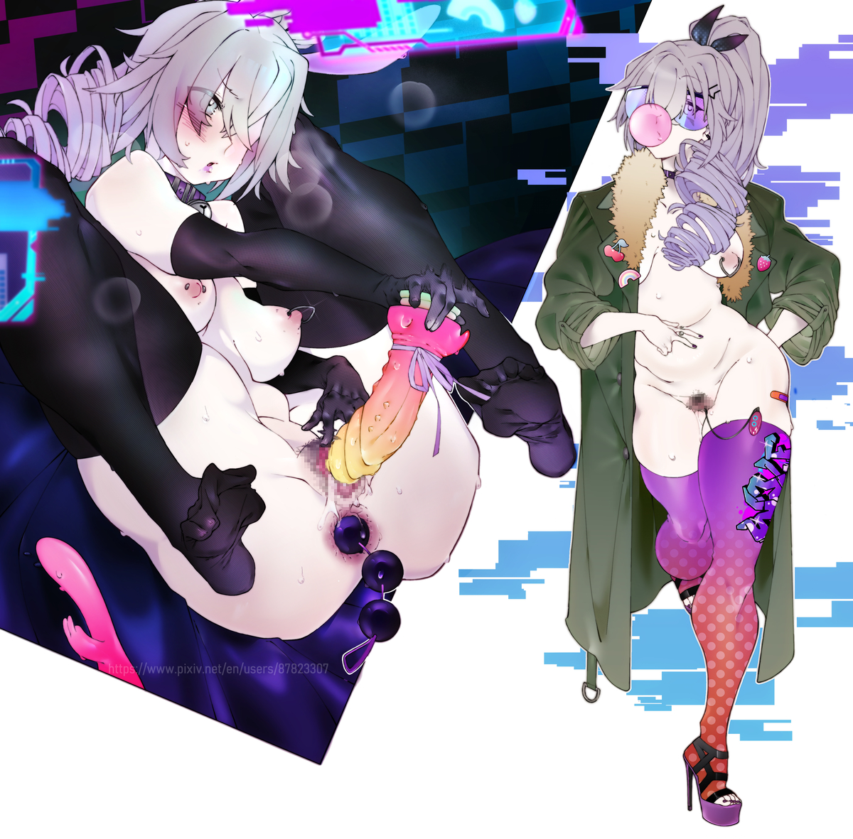 anal, anal masturbation, big breasts, bigger female, blue eyes, breasts, dildo, dildo in pussy, dildo insertion, exibitionism, female, hearts jack, honkai: star rail, masturbation, mature, purple hair, pussy, sex toy, silver wolf (honkai: star rail)