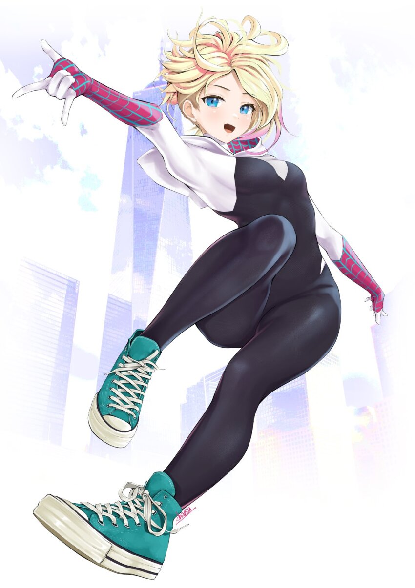 action pose, blonde female, blonde hair, blue eyes, blue sneakers, chaesu, converse, converse shoes, female, gwen stacy, hood, hood down, marvel, marvel comics, spandex, spandex suit, spider-gwen, superheroine, tagme
