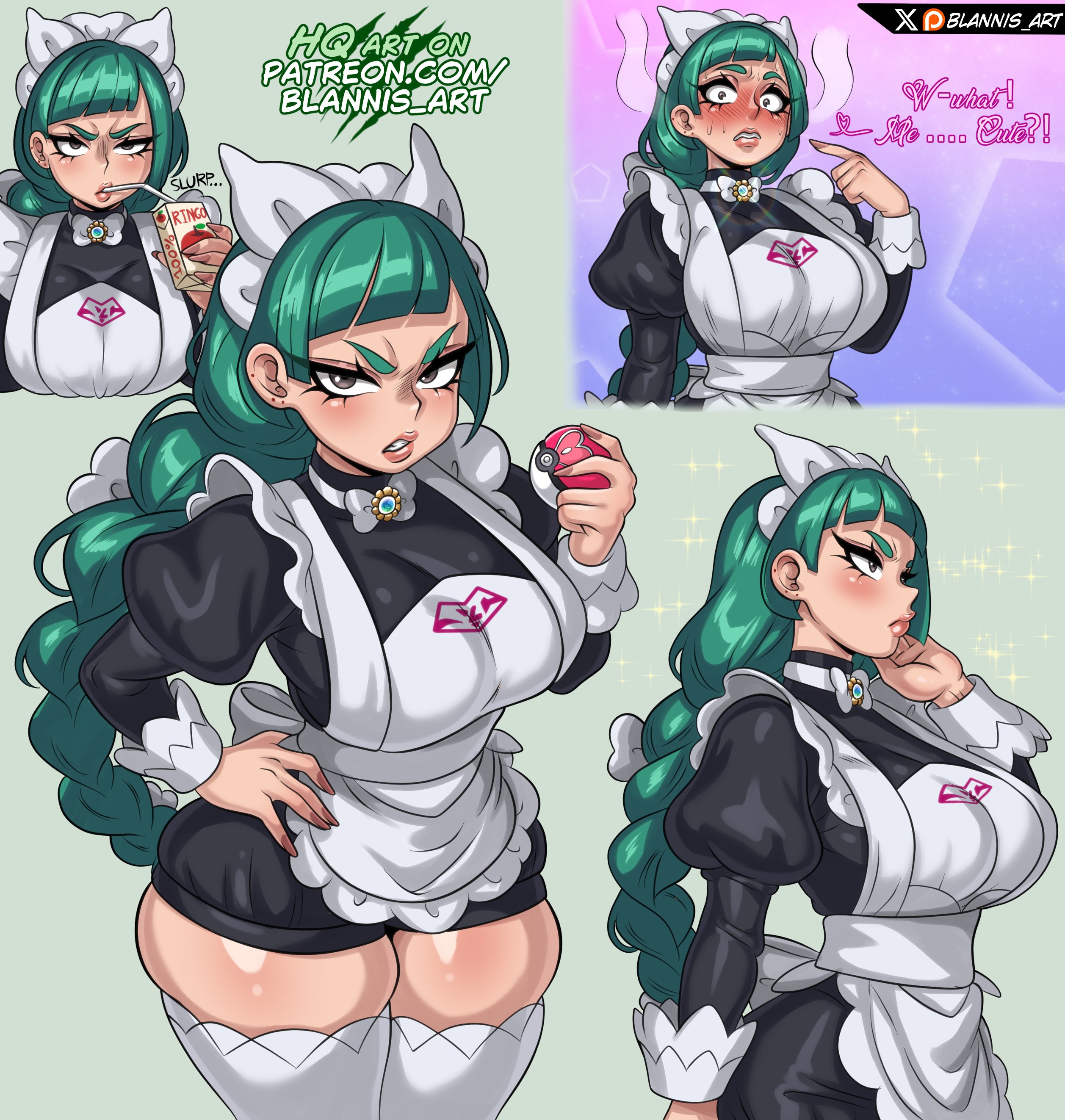 1girls, big breasts, blannis art, blush, breasts, english text, female, female focus, female only, harujio (pokemon), large breasts, lebanne (pokemon), looking at viewer, maid, maid headdress, maid uniform, multiple views, nintendo, open mouth, pokemon, pokemon legends: z-a, tagme, text, thick thighs, thighhighs, thighs, wide hips
