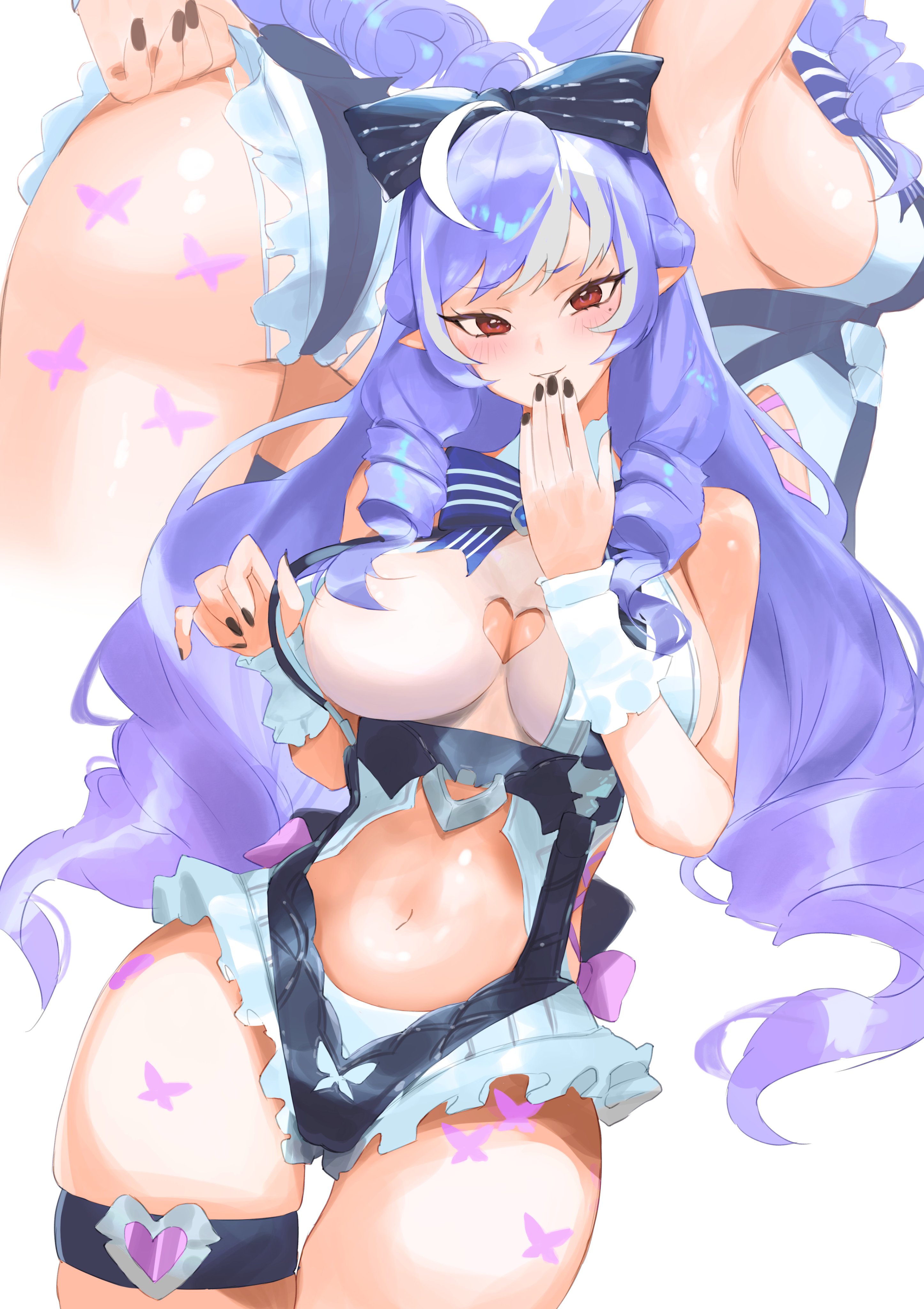 1girls, absurdres, adjusting clothes, animal print, arm up, armpits, ass, backless swimsuit, bare shoulders, black bow, black nails, blue gemstone, blush, bow, bowtie, breasts, butterfly, butterfly print, clothing cutout, covering own mouth, drill hair, female, frilled one-piece swimsuit, frilled wrist cuffs, frills, gem, hairbow, heart cutout, highres, hirosenpai, large breasts, long hair, looking at viewer, mole, mole under eye, navel, official alternate costume, one-piece swimsuit, pointy ears, purple bow, purple bowtie, purple hair, red eyes, shirt, sideboob, sideboob cutout, smile, solo, stomach, stomach cutout, swimsuit, teeth, thigh strap, vivian banshee, vivian banshee (iris of the shore), white shirt, wrist cuffs, zenless zone zero