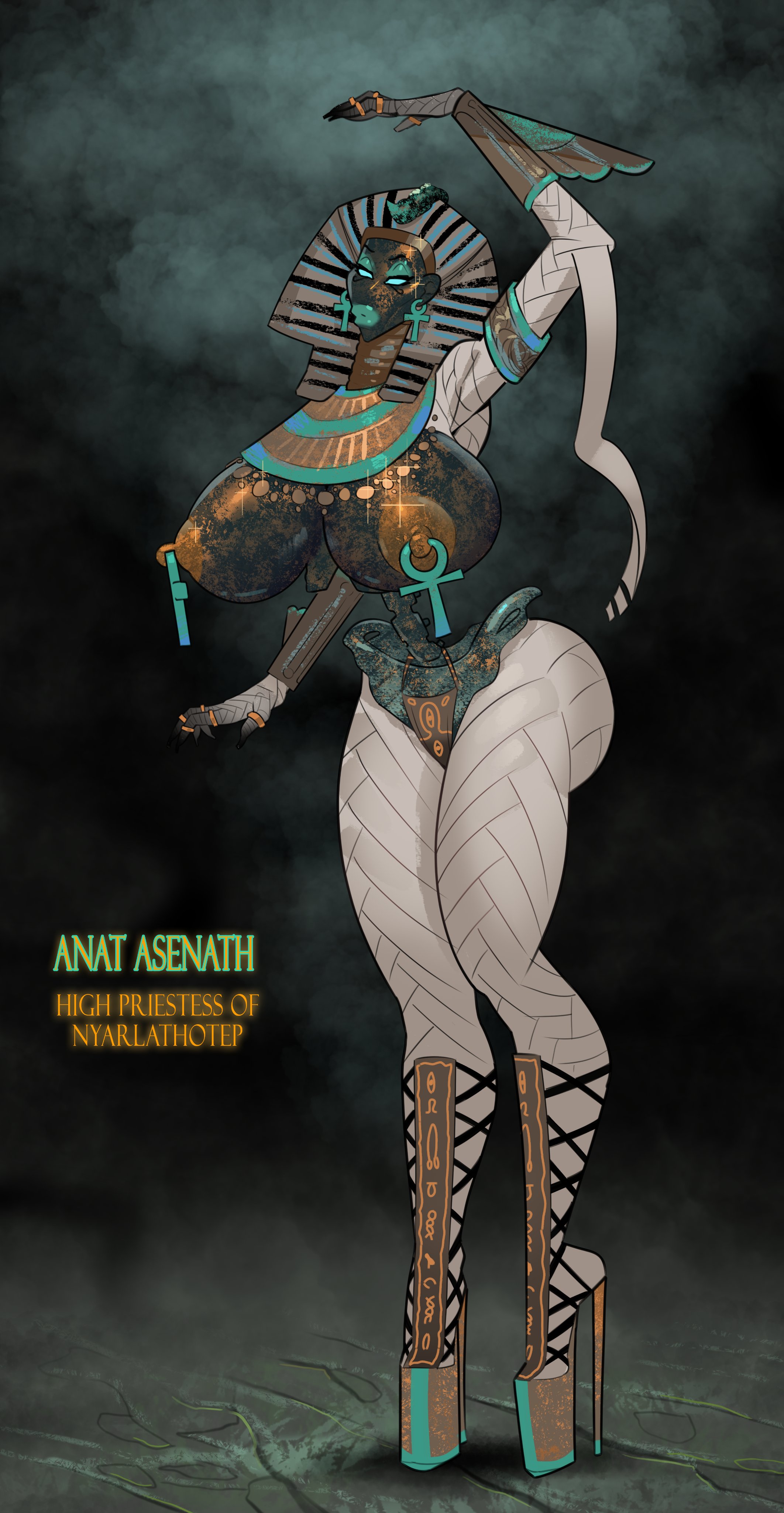 bimbo, earrings, egyptian, egyptian mythology, headdress, high heels, meinfischer, mummy, mummy wrappings, nipple piercing, pharaoh, platform heels, rings, thick hips, thick lips, thick thighs