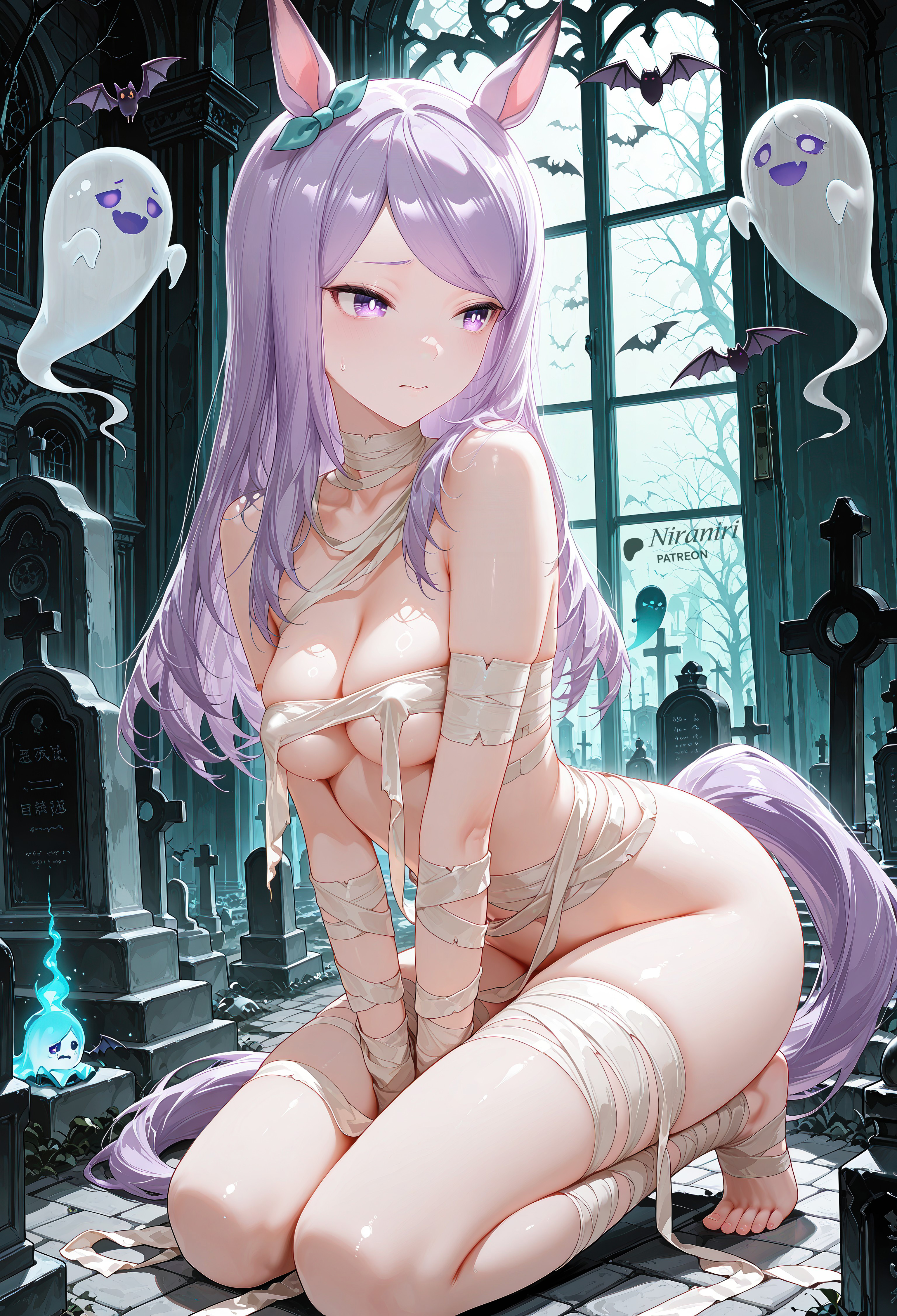 absurdres, ai generated, animal ears, aqua bow, aqua ribbon, bandaged arm, bandaged leg, bandages, bangs, bare shoulders, bare tree, barefoot, bat (animal), between legs, blush, bow, breasts, chest sarashi, cleavage, closed mouth, collarbone, ear bow, ear ribbon, embarrassed, feet, female, full body, ghost, graveyard, halloween, hand between legs, highres, horse ears, horse girl, horse tail, indoors, kneeling, legs, long hair, looking to the side, medium breasts, mejiro mcqueen (umamusume), mummy costume, naked bandage, niraniri, purple eyes, purple hair, ribbon, sarashi, sitting, solo, swept bangs, tail, thighs, toenails, toes, tombstone, tree, umamusume, underboob, v arms, window