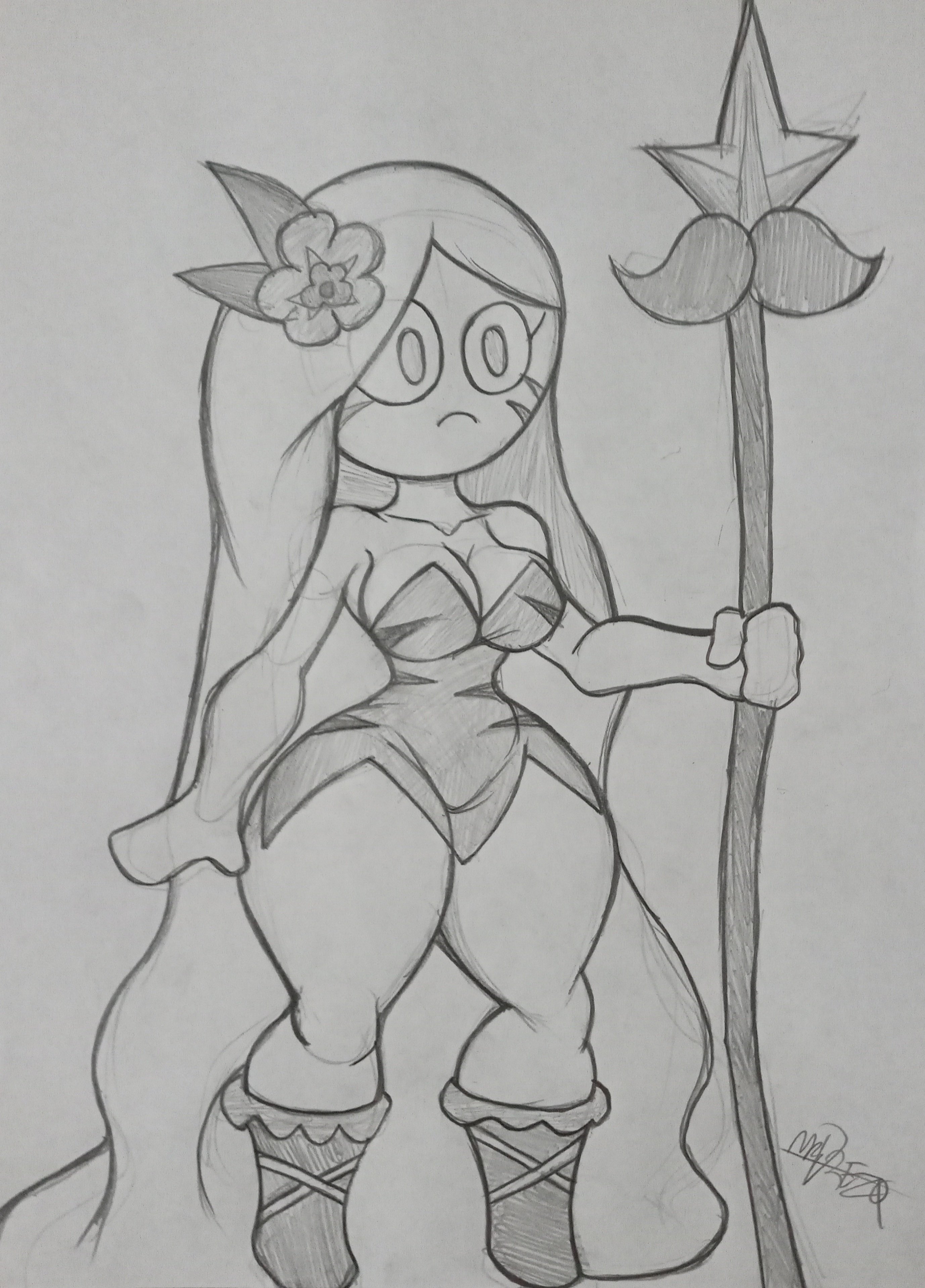 big breasts, breasts, child bearing hips, cookie run, cookie run kingdom, dress, female, flower in hair, long hair, mrdrezq, sketch, spear, tiger lily cookie, tribal clothing