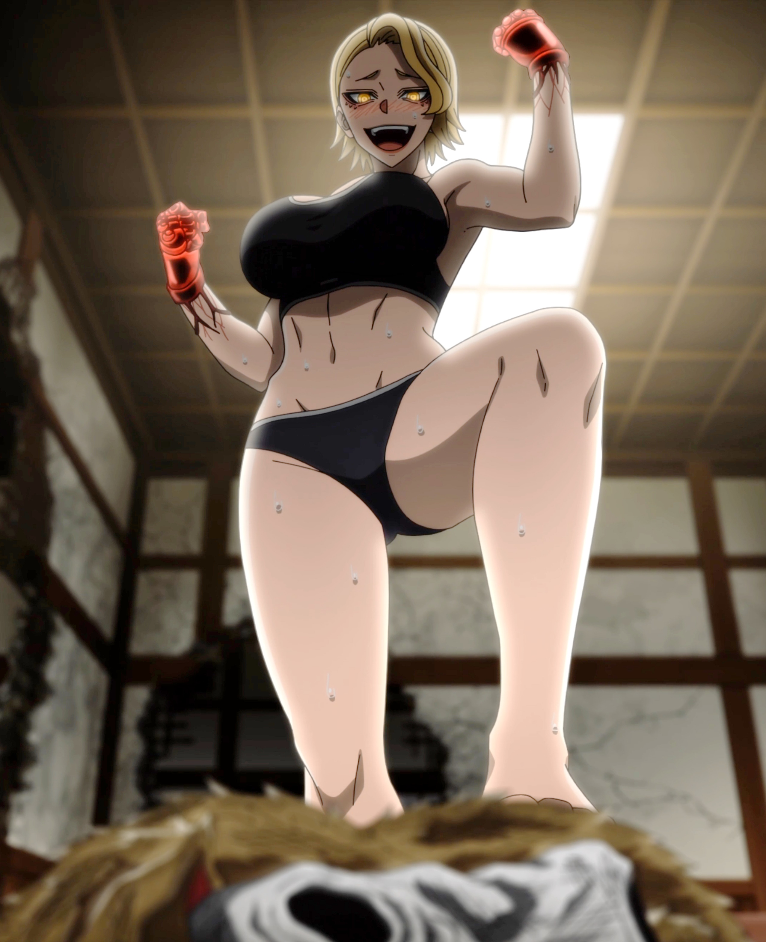 absurdres, anime screenshot, armpits, barefoot, blonde hair, blush, breasts, cleavage, clenched hands, female, female focus, highres, large breasts, legs, looking down, matching hair/eyes, midriff, multicolored eyes, muscular, muscular female, navel, open mouth, ryona, sazanami kuina, short hair, solo, sports bikini, sports bra, stitched, stomach, sweat, thighs, third-party edit, tongue, tougen anki, wide hips, yellow eyes