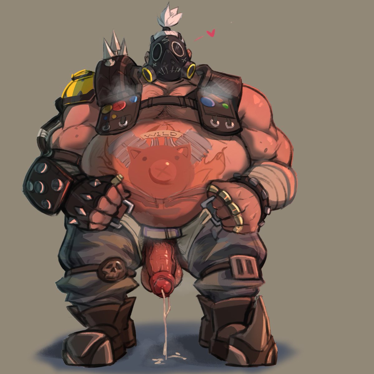 1boy, bara, cock, cum, cumming, dick, fat, fat male, heart, heart symbol, human, human only, kazhijun, male, male only, mask, masked, masked male, obese, obese male, overwatch, overweight, overweight male, penis, roadhog, solo, solo male, tattoo, tattoo on belly, white hair, yaoi
