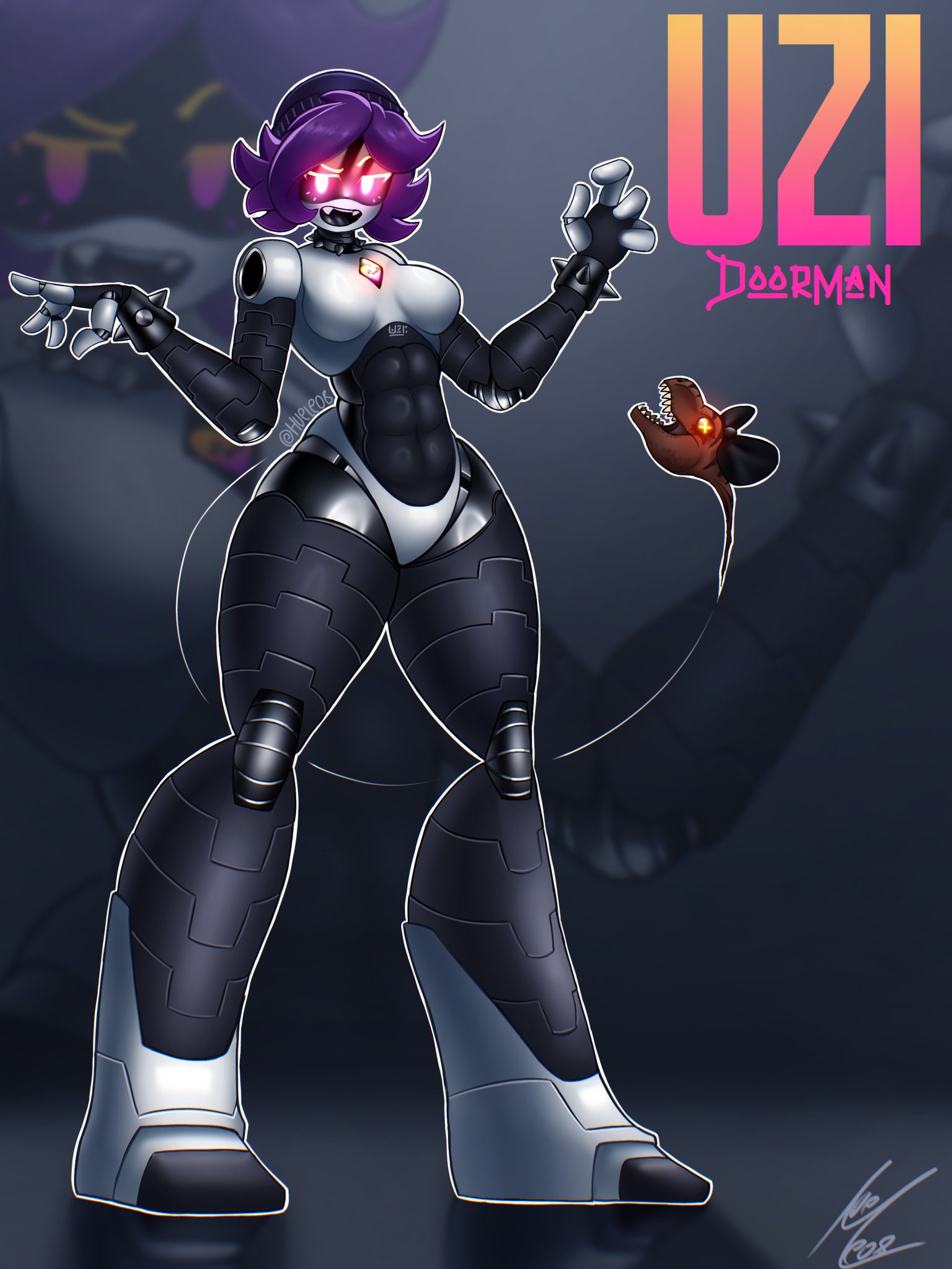 1girls, 2025, abs, athletic female, beanie, breasts, cyn tail (murder drones), dinosaur, featureless breasts, featureless crotch, female, female only, full body, glitch productions, glowing eyes, goth, hat only, hueleo8, murder drones, name drop, purple hair, robot, signature, solo, spiked collar, spiked wristband, t-rex, tyrannosaurus rex, uzi (murder drones), uzi doorman, worker drone