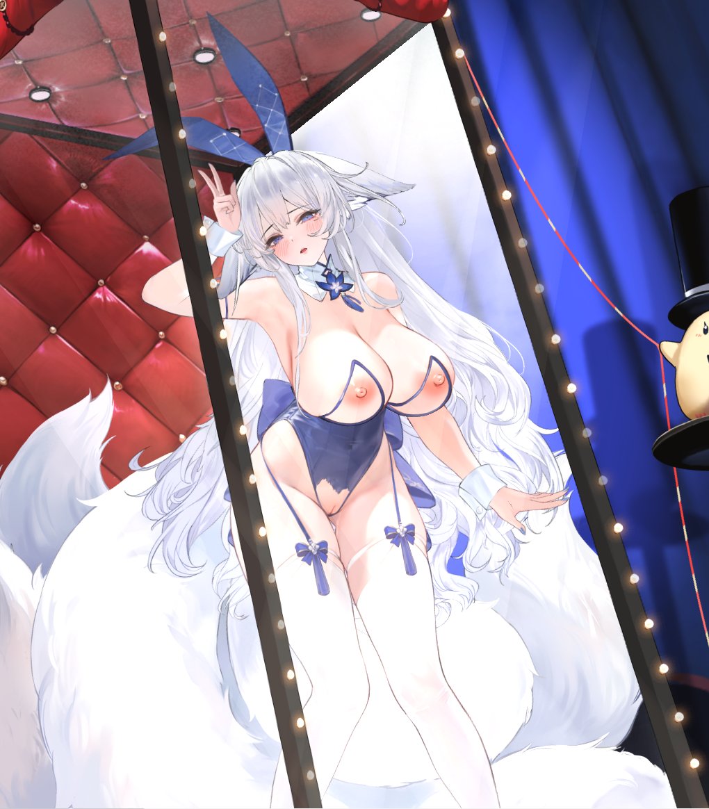 animal ears, armpits, azur lane, bare shoulders, blue eyes, blue leotard, blush, breasts, cg, cleavage, cleft of venus, collar, covered navel, crotchless, detached collar, fake animal ears, feet out of frame, female, fox ears, fox girl, fox tail, garter straps, highleg leotard, huge breasts, kitsune, large breasts, leotard, long hair, looking at viewer, multi tail, nipples, official alternate costume, open mouth, playboy bunny, purple eyes, pussy, rabbit ears, shinano (azur lane), shinano (visions of fantasy) (azur lane), solo, tail, thighhighs, thighs, v, very long hair, white hair, white tail, white thighhighs, wrist cuffs