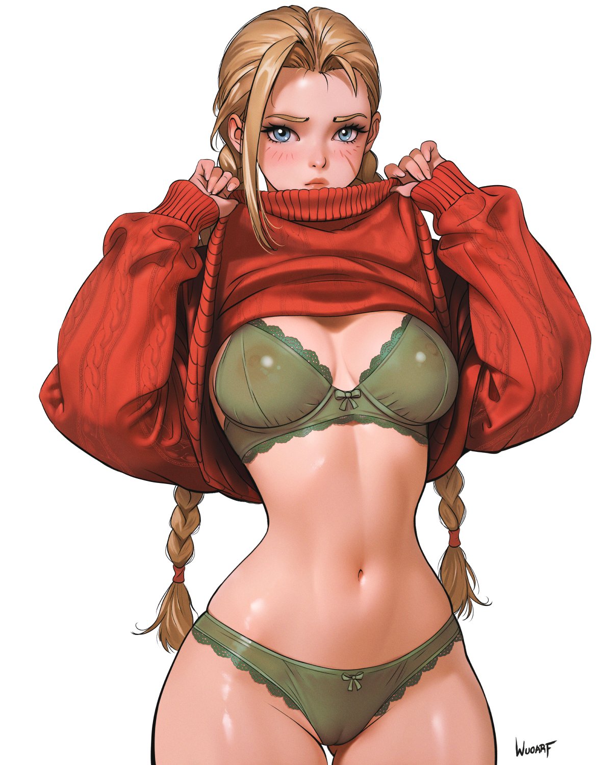 artist name, blonde hair, blue eyes, blush, bra, braid, breasts, cable knit, cameltoe, cammy white, closed mouth, clothes lift, commentary, commission, cowboy shot, english commentary, female, green bra, green panties, highres, lace trim, lace-trimmed bra, lace-trimmed panties, large breasts, lifting own clothes, long hair, long sleeves, looking at viewer, low twin braids, navel, nipples, panties, puffy long sleeves, puffy sleeves, red sweater, scar, scar on cheek, scar on face, see-through clothes, shy, simple background, solo, standing, street fighter, sweater, sweater lift, twin braids, underwear, very long hair, white background, wuoarf
