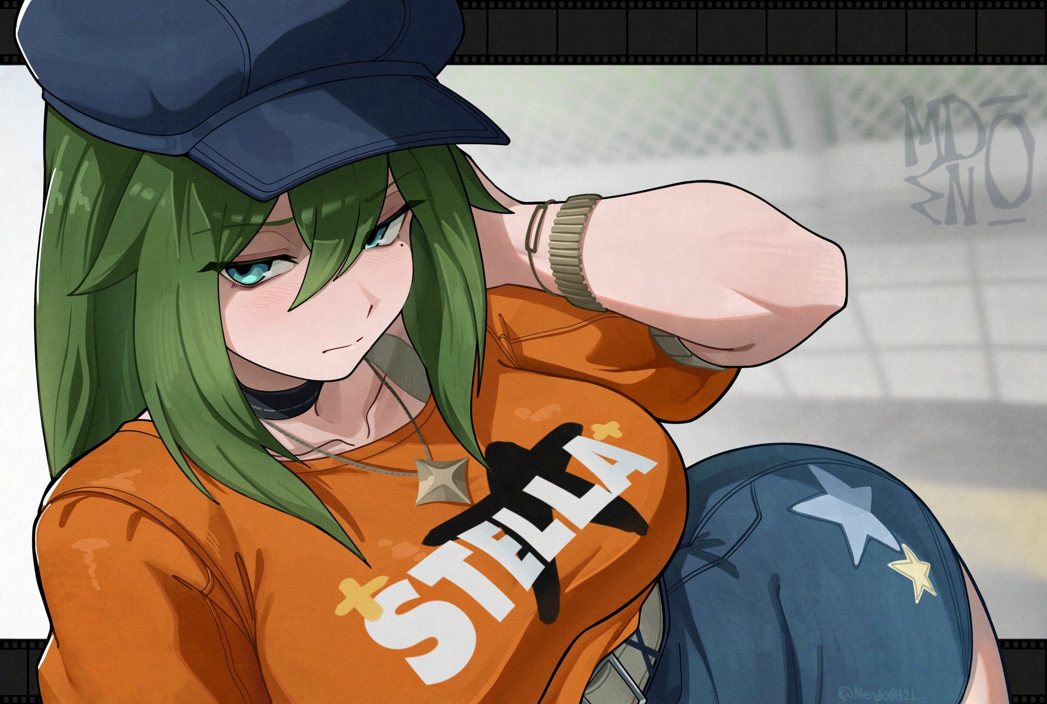 1girls, belt, blue hat, bracelet, breasts, denim, female, green eyes, green hair, hat, highres, jewelry, mendo0821, mole, mole under eye, necklace, npc, npc (zenless zone zero), official alternate costume, orange shirt, shirt, solo, star (symbol), star necklace, venus (zenless zone zero), zenless zone zero