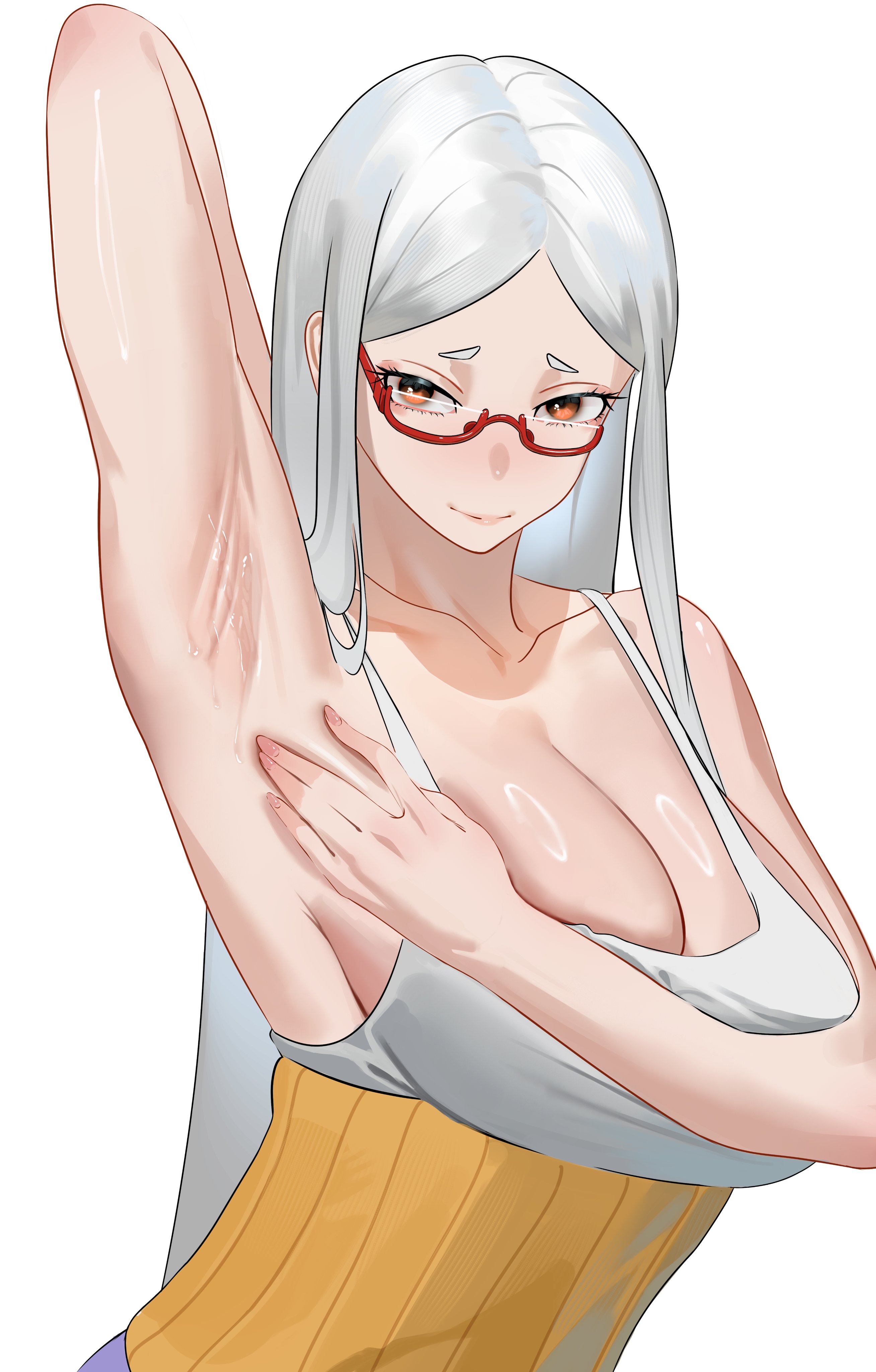 absurdres, arm up, armpit focus, armpits, ayase seiko, bare arms, bare shoulders, breasts, brown eyes, closed mouth, collarbone, commentary, dandadan, english commentary, female, glasses, grey hair, haramaki, highres, large breasts, long hair, looking at viewer, mature female, msry1999, official alternate hairstyle, parted bangs, presenting armpit, red-framed eyewear, smile, solo, sweat, tank top, upper body, white background, white tank top