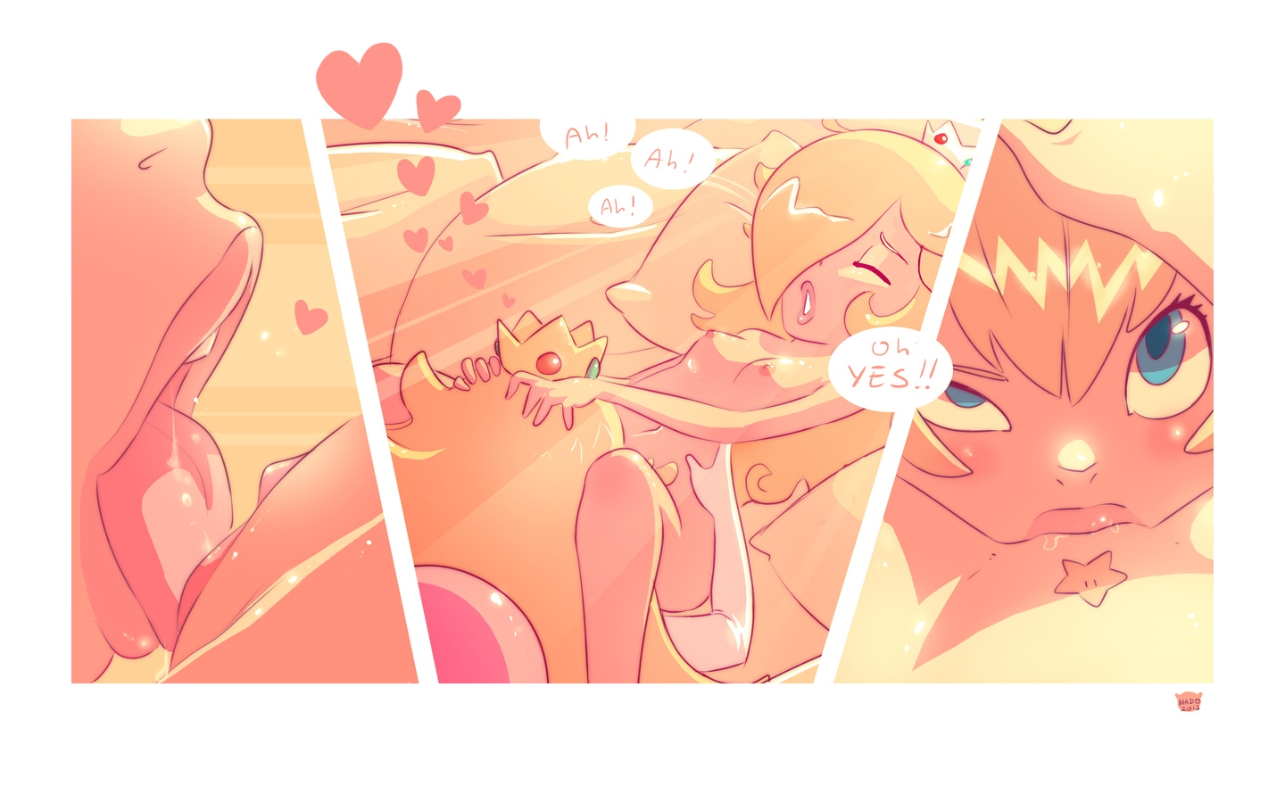 2girls, blonde hair, blue eyes, blush, breasts, closed eyes, crown, cunnilingus, female, female only, gloves, hair, human, mario (series), multiple females, multiple girls, nintendo, nipples, oral, princess peach, princess rosalina, pussy, thehadokenman, yuri