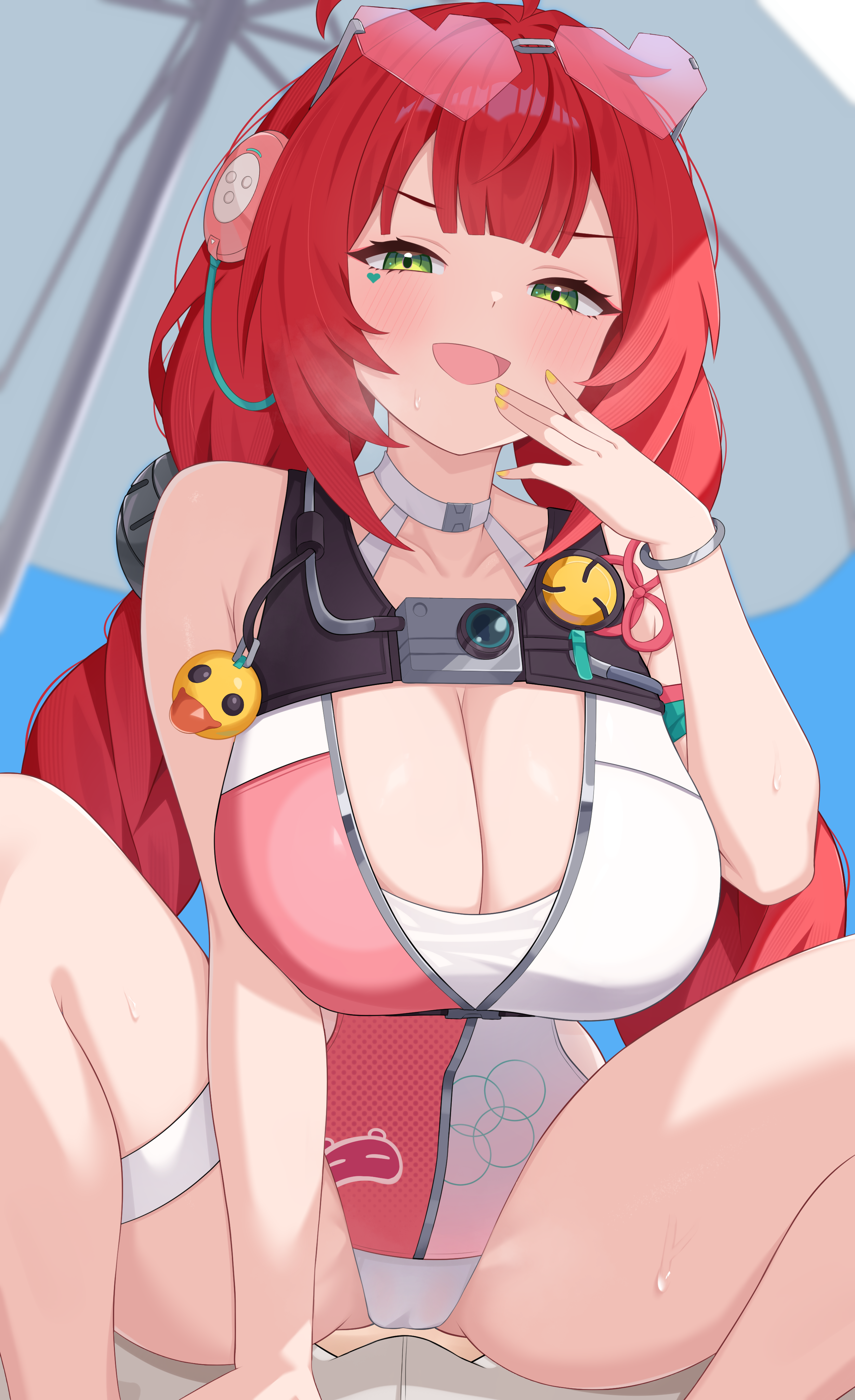 1boy, absurdres, blush, bracelet, breasts, cleavage, cowgirl position, female, green eyes, hair ornament, heart, heart tattoo, highres, jewelry, large breasts, long hair, looking at viewer, male, official alternate costume, one-piece swimsuit, parasol, red hair, solo, solo focus, sphere hair ornament, squatting, swimsuit, tattoo, thighs, tsubame tien, ukinami yuzuha, ukinami yuzuha (tanuki in broad daylight), umbrella, zenless zone zero