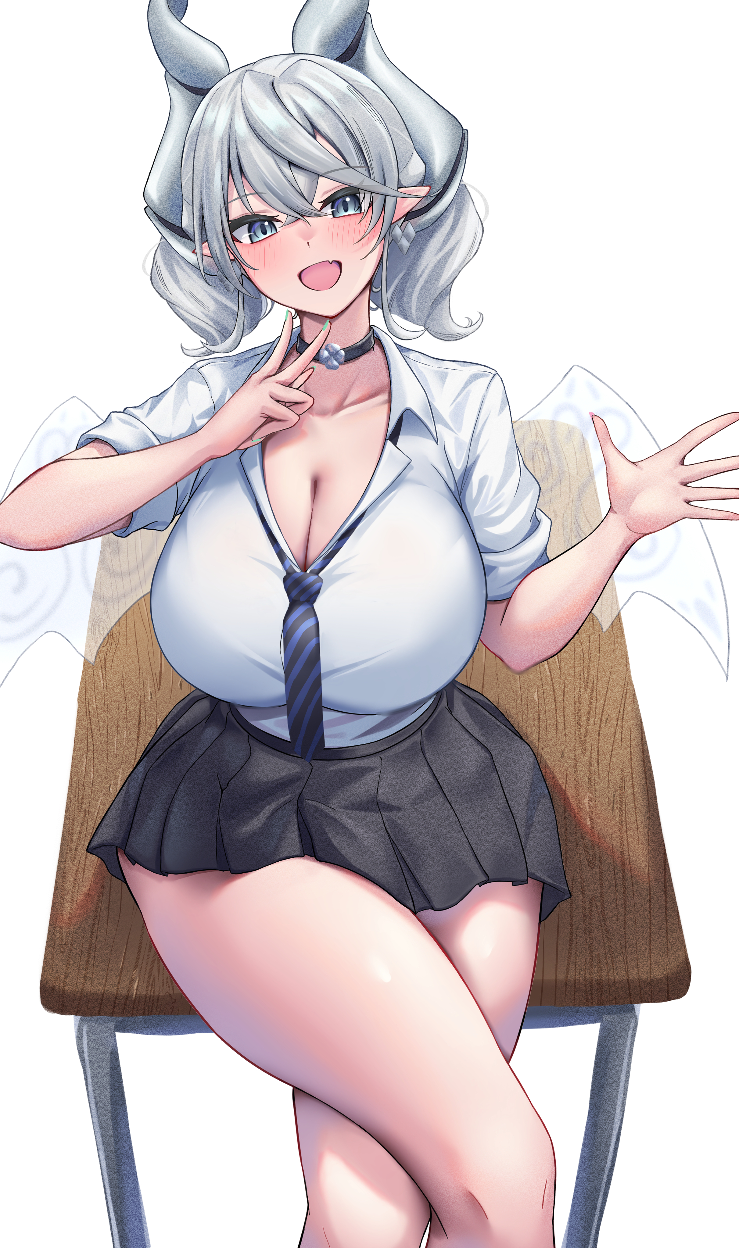 :d, absurdres, alternate costume, beautiful, black necktie, black skirt, blue necktie, blush, breasts, cleavage, collarbone, crossed legs, cute fang, demon girl, demon horns, demon wings, drill hair, duel monster, earrings, fangs, female, female only, grey eyes, grey hair, highres, horns, huge breasts, jewelry, konami, labrynth of the silver castle, lady labrynth of the silver castle, looking at viewer, loose necktie, lovely labrynth of the silver castle, milf, model, modeling, mommy, necktie, neko punch, neko punch (user hddm3373), painted nails, peace sign, pointy ears, punchneko, safe, safe for work, school uniform, shirt, sitting, skirt, smile, solo, thighs, tie, transparent wings, twin drills, twintails, uniform, v, voluptuous, white background, white shirt, white wings, wings, yu-gi-oh!