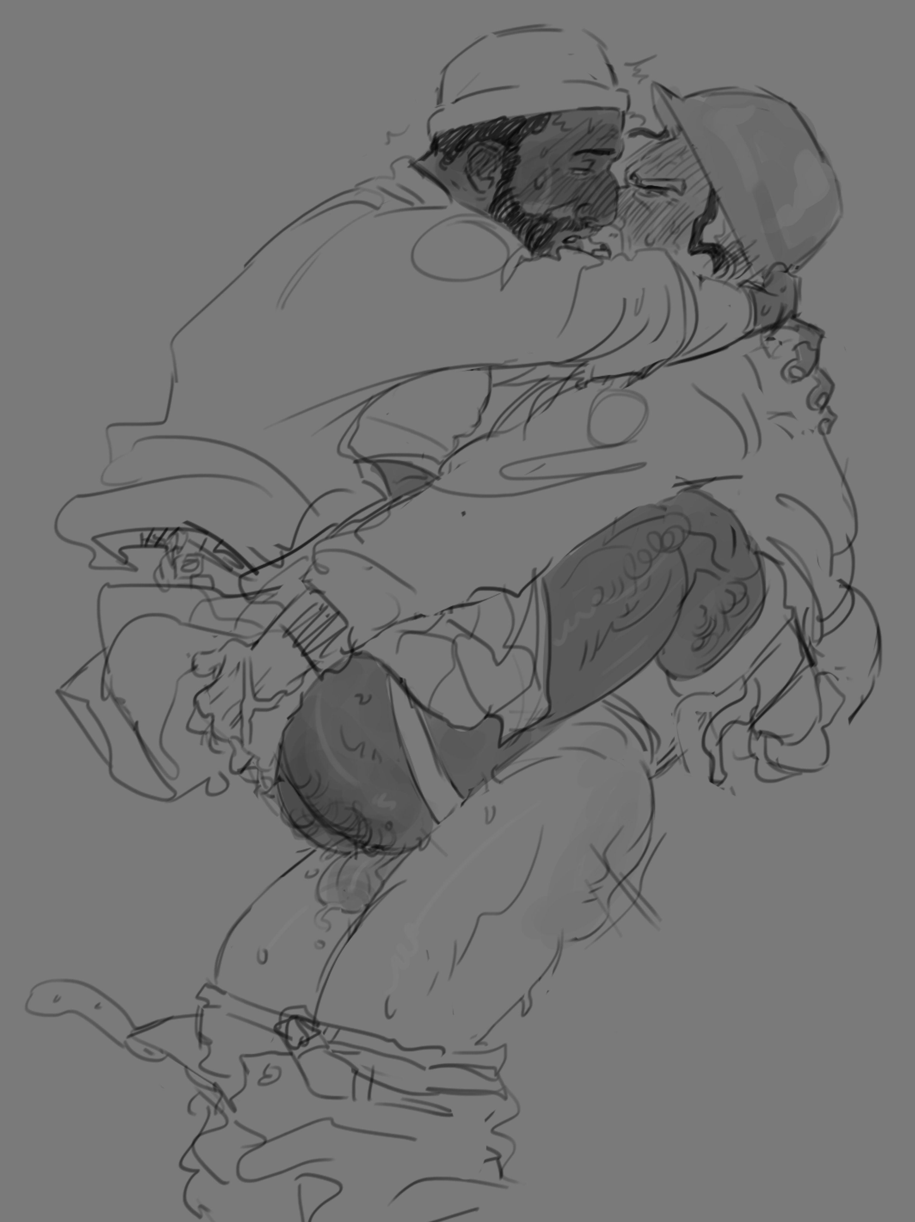 anal, anal sex, arm hair, beard, blush, blushing profusely, chest hair, cowgirl position, demoman (team fortress 2), gay, gay sex, grabbing ass, jockstrap, leg hair, legs wrapped around partner, male, male only, pants down, penis, riding, riding penis, soldier (team fortress 2), sweat, team fortress 2, thrusting into ass, upright straddle, weinerrwizard, yaoi