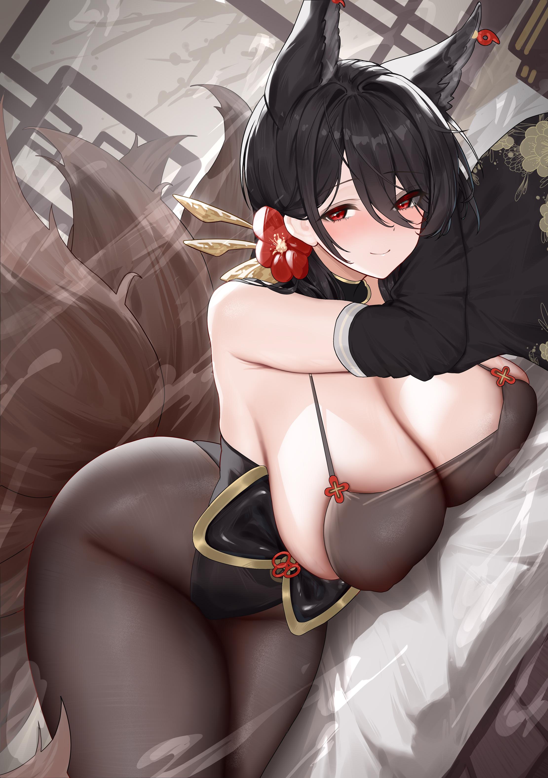 animal ears, azur lane, bare shoulders, black hair, black pantyhose, blush, breasts, cg, cleavage, closed mouth, covered nipples, detached sleeves, female, flower, fox ears, fox girl, fox tail, hair between eyes, hair flower, hair ornament, huge breasts, large breasts, leotard, long hair, looking at viewer, lying, multi tail, on side, on stomach, oumi (azur lane), pantyhose, red eyes, red flower, see-through, smile, solo, tail, thighs