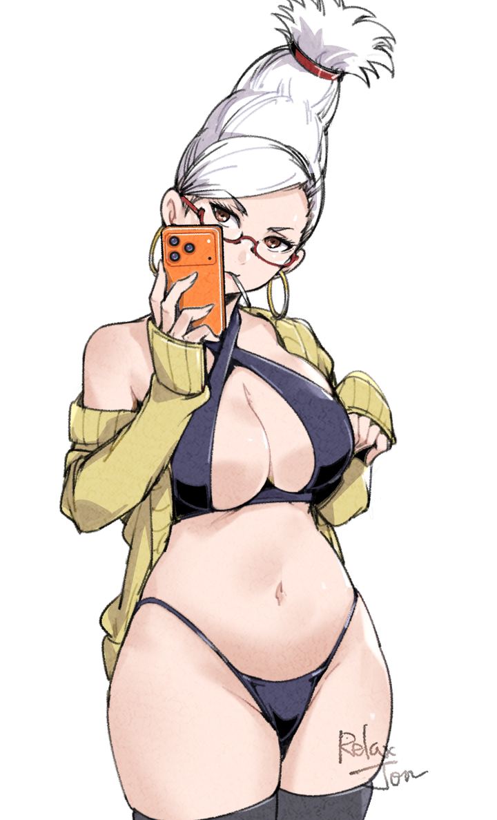 1girls, artist name, ayase seiko, beehive hairdo, black panties, black thighhighs, breasts, brown eyes, cellphone, cigarette, cleavage, commentary, criss-cross halter, dandadan, earrings, female, female focus, female only, gilf, glasses, halterneck, highleg, highleg panties, holding, holding phone, hoop earrings, jewelry, large breasts, long hair, looking at viewer, mature female, milf, navel, off shoulder, panties, phone, red-framed eyewear, relaxjon, revision, semi-rimless eyewear, simple background, single bare shoulder, sleeves past wrists, slightly chubby, slightly chubby female, smartphone, solo, stomach, swept bangs, tall hair, thick thighs, thighhighs, thighs, underwear, white background, white hair, white-haired female, wide hips, yellow card