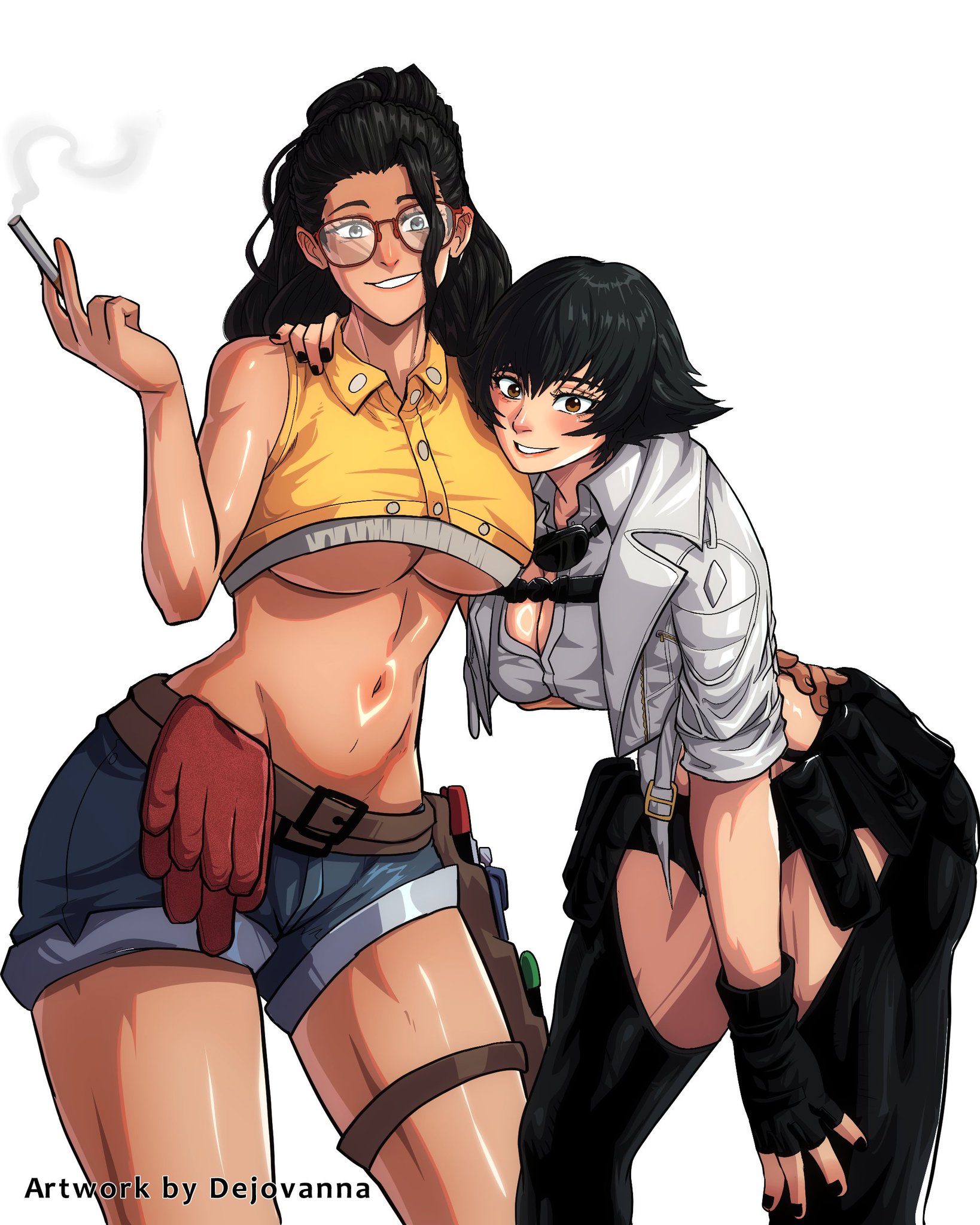 2d, 2girls, absurdres, artist name, big breasts, black hair, breasts, brown eyes, brown hair, capcom, cigarette, dejovanna, devil may cry, devil may cry (series), devil may cry 5, female, female only, freckles, glasses, heterochromia, highres, lady (devil may cry), medium breasts, nicoletta goldstein, smoking, tagme, thick thighs, thighs, watermark, wavy hair, wolf cut, wolfcut