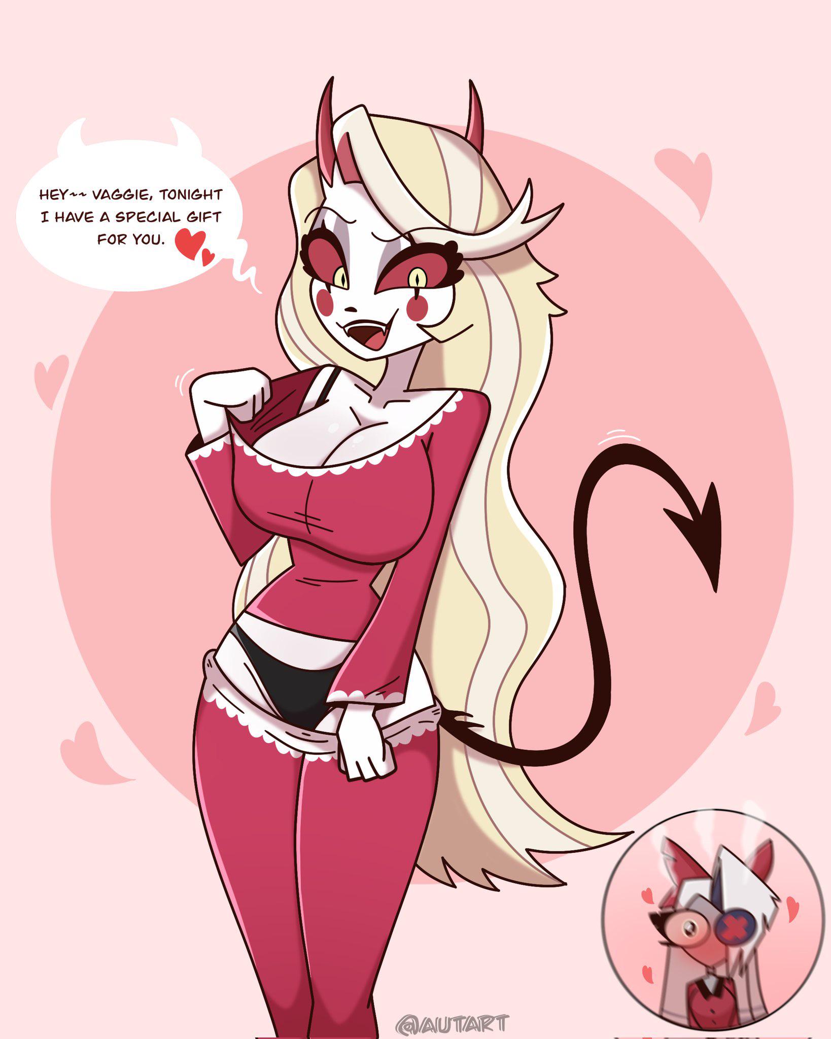 2girls, angel, autart, black panties, black underwear, blush, bow, charlie morningstar (hazbin hotel), demon, demon girl, demon horns, demon princess, demon royalty, fallen angel, female, female only, half angel, half demon, hazbin hotel, heart, hellaverse, hybrid species, imminent sex, nephalem, panties, power (angel), princess, royalty, sleepwear, tail, teasing, underwear, undressing, vaggie (hazbin hotel), yuri