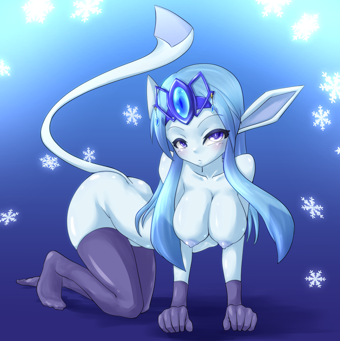 all fours, animal ears, anthro, areolae, ass, black gloves, black legwear, blue eyes, blue hair, blue skin, blush, breasts, eeveelution, erect nipples, female, frown, glaceon, gloves, kneeling, long hair, looking away, midriff, navel, nintendo, nipples, pokemon, pokemon (game), pokemon (species), pokemon dppt, seven pear, snow, snowflake, solo, tail, thighhighs, tiara