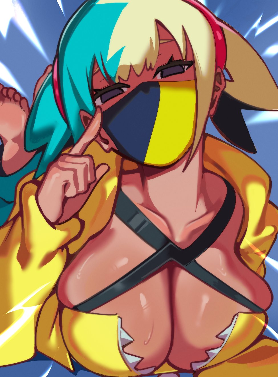 1girls, 2025, aqua hair, barefoot, big breasts, blonde hair, breasts, busty, canari (pokemon), canary (pokemon), cleavage, clothed, clothed female, clothing, dark skin, dark-skinned female, deep cleavage, feet, feet up, female, front view, fully clothed, hair, human, jacket, large breasts, looking at viewer, lying, lying on stomach, mask, medium hair, mouth mask, multicolored hair, on stomach, pokemon, pokemon legends: z-a, pose, posing, purple eyes, roropull, skindentation, soles, solo, sweat, sweatdrop, sweating, sweaty, sweaty body, sweaty breasts, tan body, tan skin, tan-skinned female, toes, twintails, two-tone hair