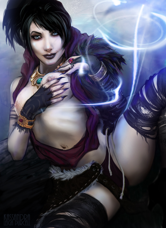 1girls, 2d, black hair, blue eyes, bracelet, breast grab, breasts, breasts out, dragon age, dragon age origins, female, female only, gloves, grabbing own breast, kassandra (artist), looking at viewer, morrigan (dragon age), nail polish, nipples, pale skin, panties, sharp fingernails, solo, solo female, spread legs, underwear