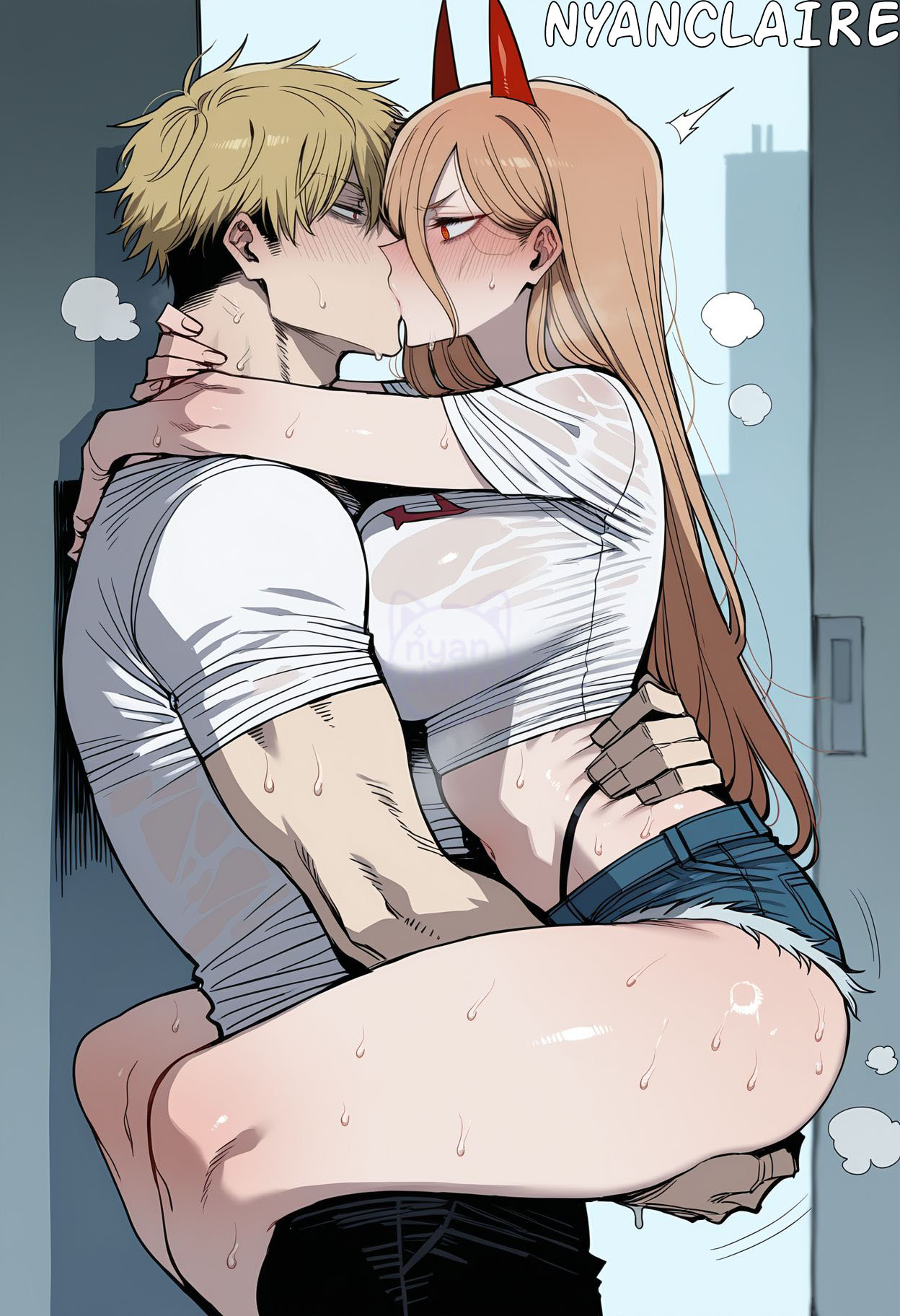 1boy, ai generated, alternate breast size, arms around neck, black panties, black pants, blonde hair, blush, bra visible through clothes, breasts, carrying, chainsaw man, clothing, crop top, cross-shaped pupils, cutoffs, demon horns, denim, denim shorts, denji (chainsaw man), female, fingering, french kiss, from side, hair between eyes, hand on another's waist, highleg, highleg panties, horns, hug, kissing, large breasts, leg lock, long hair, looking at another, male, manly, midriff, nyanclaire, panties, pants, power (chainsaw man), red eyes, red horns, shirt, short hair, short shorts, short sleeves, shorts, straight, sweat, symbol-shaped pupils, thighs, thong, underwear, upright straddle, wet, wet clothes, wet shirt, white shirt