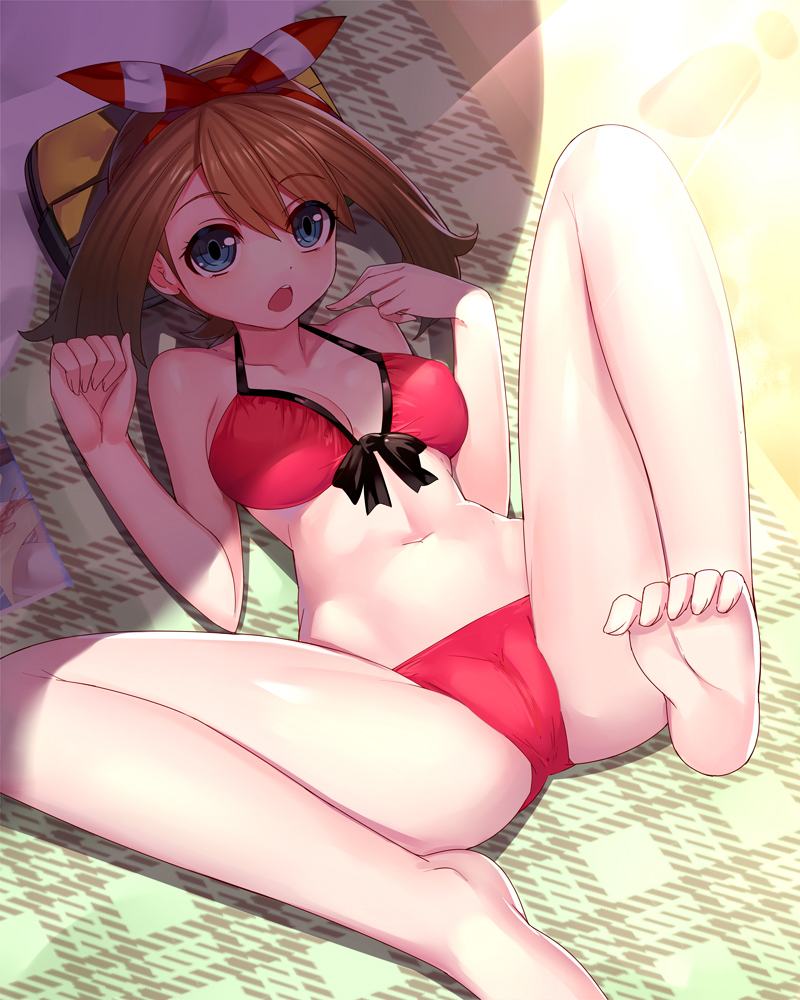 bad id, bikini, blue eyes, breasts, brown hair, cameltoe, female, female only, human, human only, large breasts, lying, may (pokemon oras), may (pokemon), navel, nintendo, on back, pokemon, pokemon oras, pussy, ririko (zhuoyandesailaer), solo, swimsuit