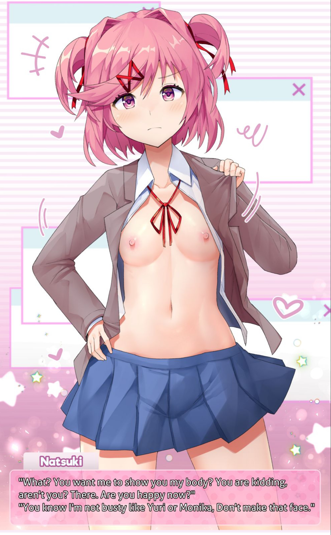 1girls, breasts, clothing, dialog, dialogue, dialogue box, doki doki literature club, english text, female, female only, flat chest, flat chested, male pov, natsuki (doki doki literature club), pink eyes, pink hair, school uniform, sinensian, small breasts, solo, text, text bubble, tits